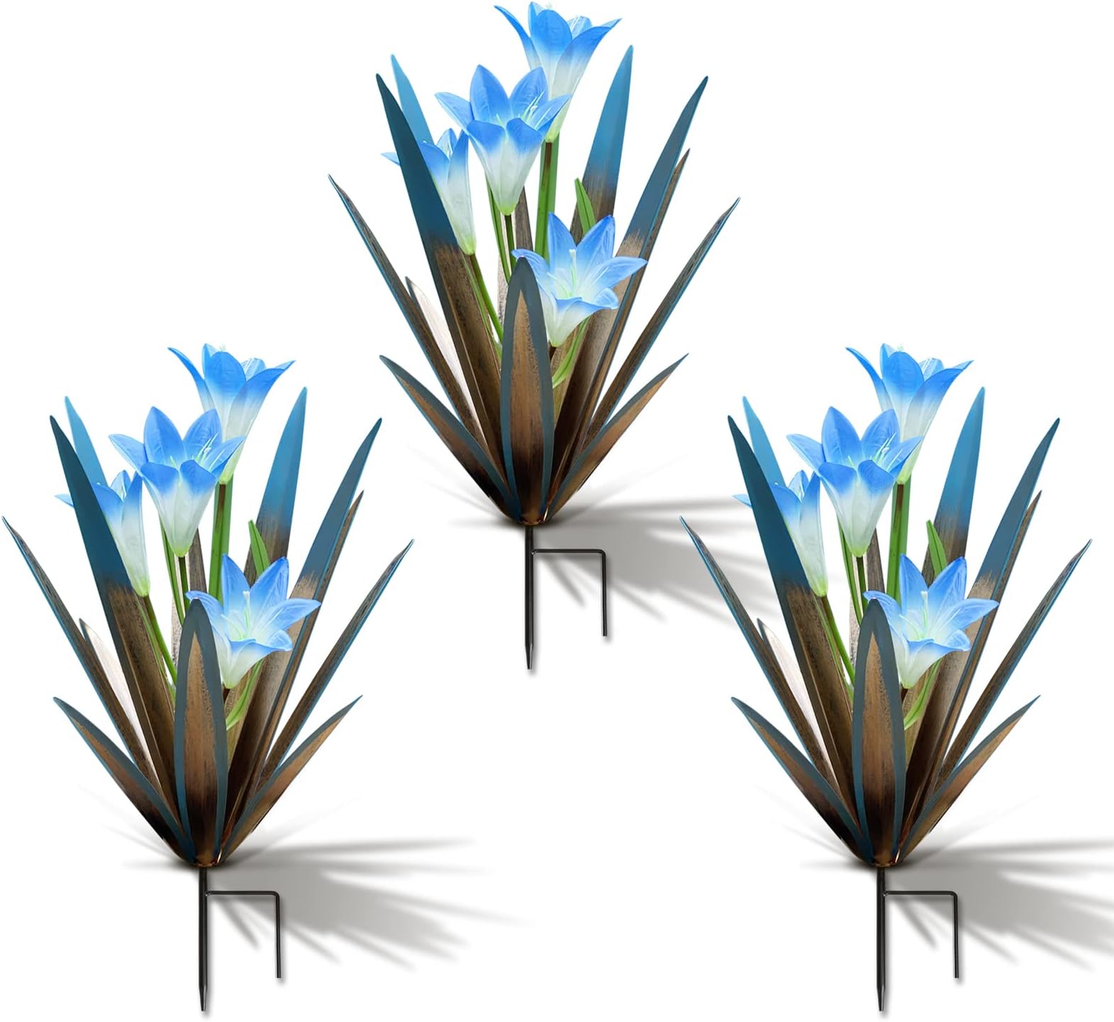Metal Agave Plant Outdoor Decoration Lily Mexican Yard Art Garden Gift Home Decor Hand Painted Metal Agave Garden Yard Statue, Outdoor Lawn Ornaments(3 Big Blue Lilies)