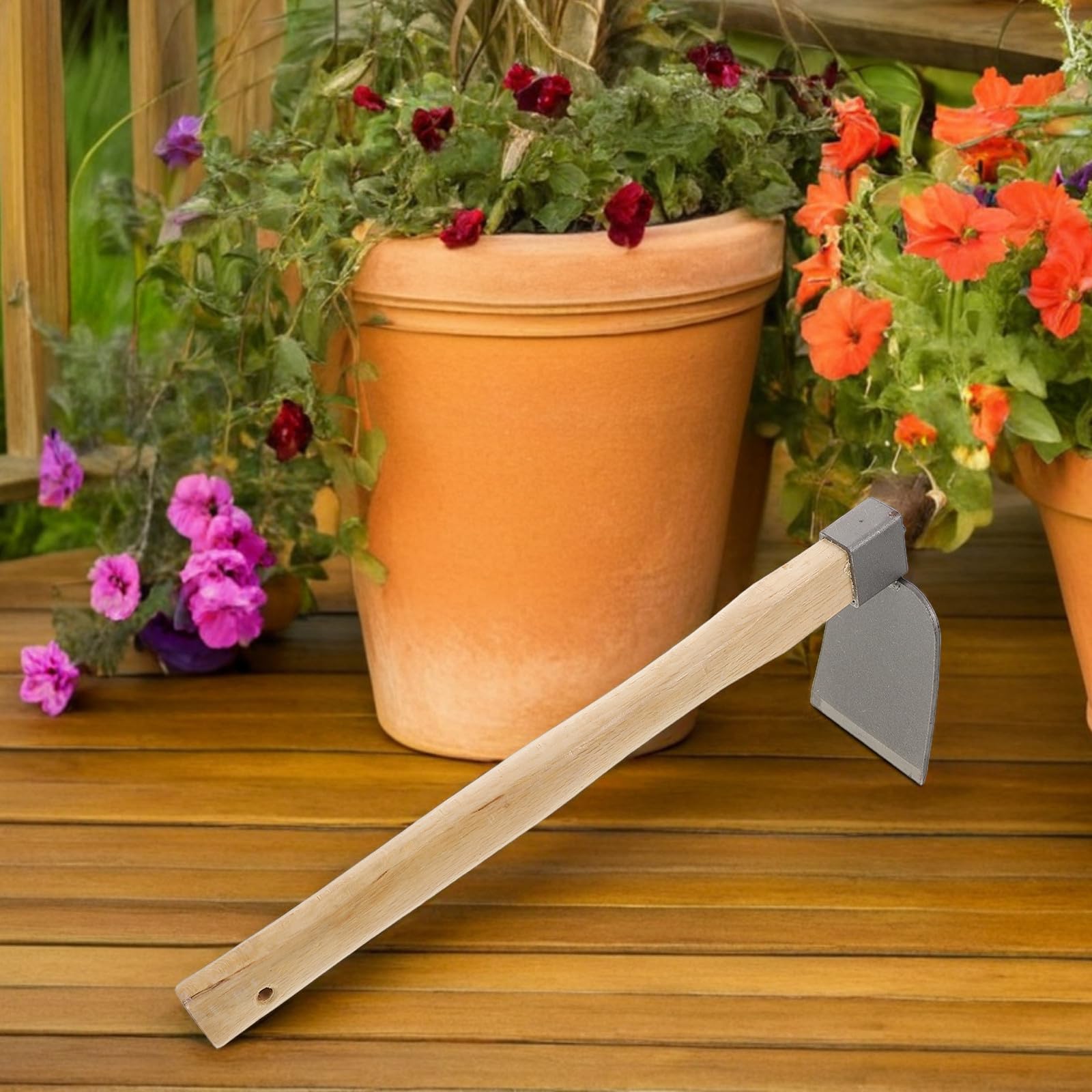Pequeña Azada de Jardín de Acero Mango de Madera Ergonómico, Herramienta Manual para Desherbar y Paisajismo en Jardinería, Pack de 2 Piezas