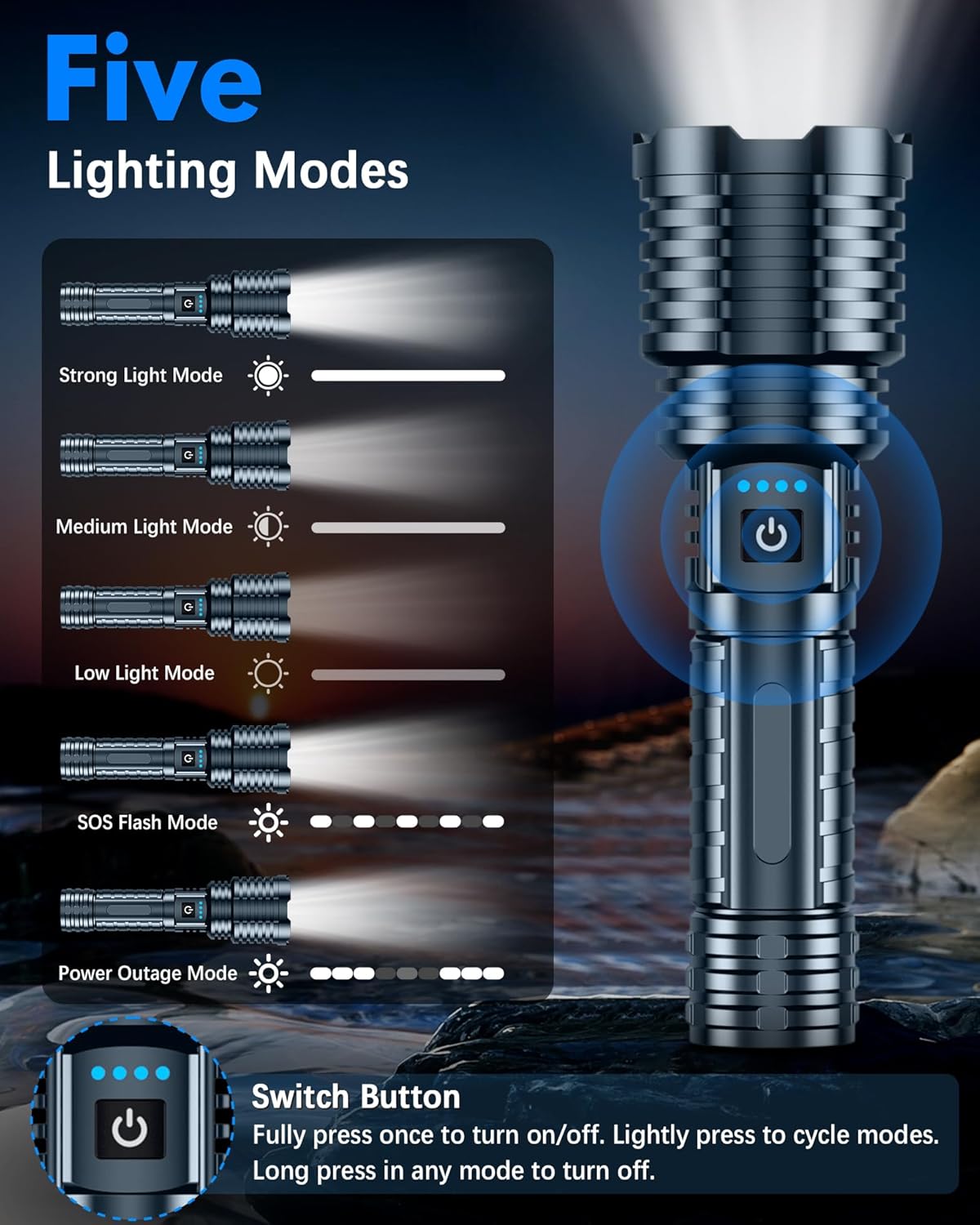 Super Bright Rechargeable LED Flashlights 2500,000High Lumens,Powerful Tactical Flashlight Up to 25H Long Battery Life|Zoomable|5Light Modes|IP67 Waterproof,Flashlights High Lumens for Camping (Grey)