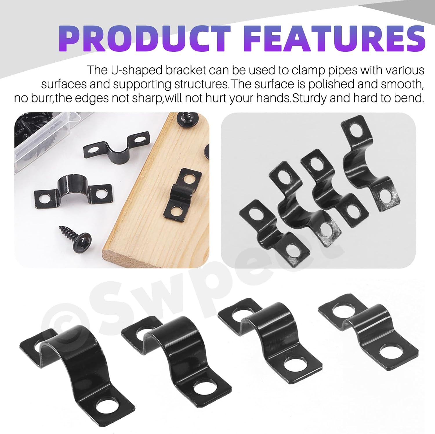 Swpeet 120Pcs 4 Sizes 5mm 8mm 10mm 12mm Two Hole U Bracket Clamp with Screws Assortment Kit, U-Clamps, Metal Pipe Clamps, Pipe Strap Clamps, Conduit, Tension Clips for Fixing Pipe or Cable
