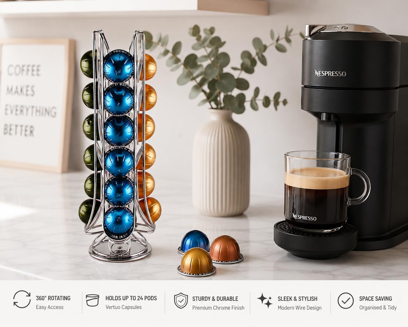 Exzact Coffee Capsule Holder, Compatible with Vertuo, Not Sold or Created by Vertuo, Max Capacity 24pcs Pod, Rotating Coffee Pod Stand Rack (New Packaging)