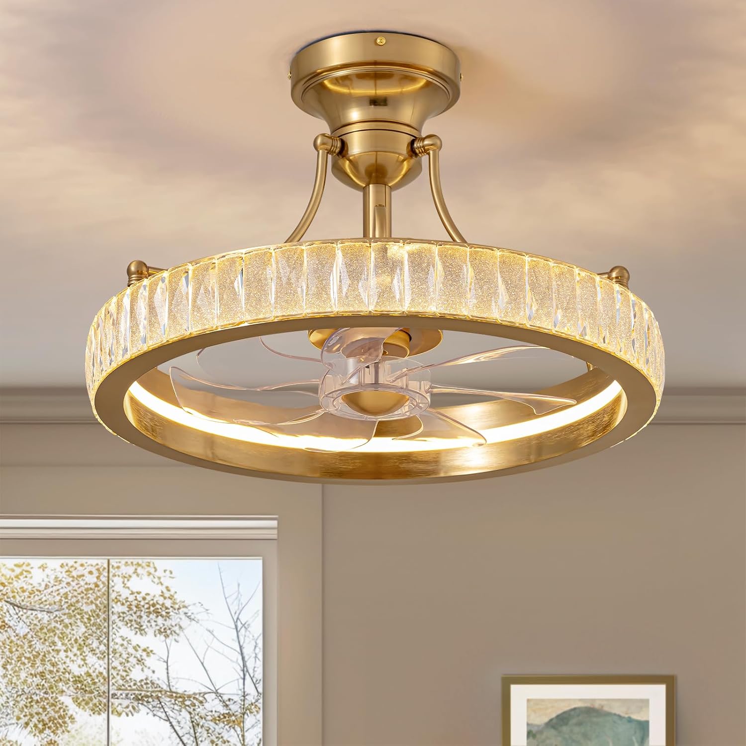 CROSSIO 20 inch Crystal Chandelier Gold Ceiling Fan with Light Fandelier Ceiling Fan with Light Modern Fandelier 6 Wind Speed LED Chandelier Fan with APP&Remote Control for Bedroom Living Room Kitchen