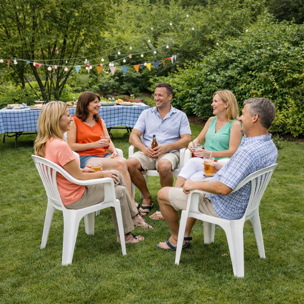 Set Sedie da Giardino - per Esterno, in Resina, Bianco, Braccioli Ergonomici, Schienale Basso, Impilabili, Impermeabile, Resistente - 55 x 53 x 82 cm