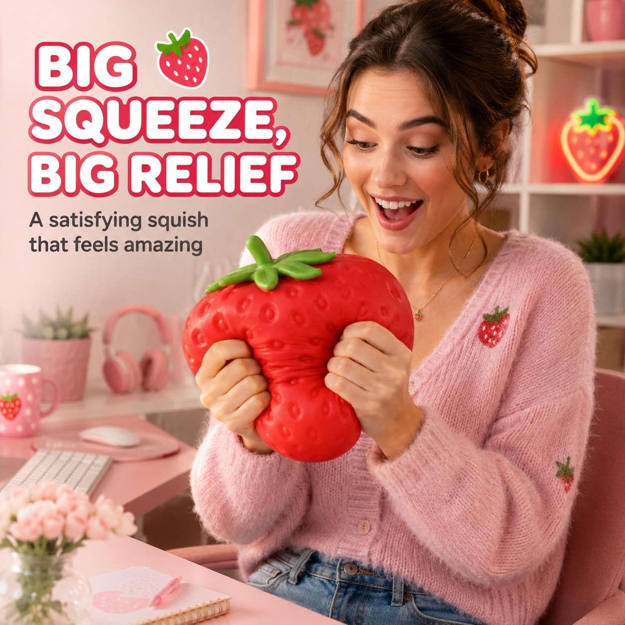 Jumbo Strawberry Squishy Toy, 6.3'' Giant Slow Rising Sensory Fidget Toys, Realistic Fruit Stress Ball for Anxiety Relief, Kawaii Squeeze Stress Relief Toys for Birthday Gifts Goodie Bag Party Favor