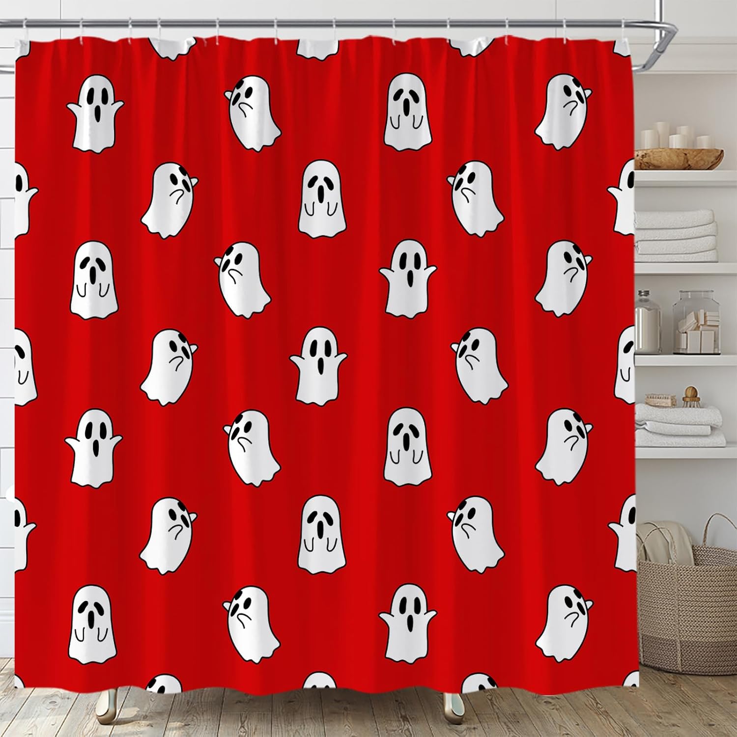 Funny Ghost Shower Curtain Spooky Halloween Gothic Red White Holiday Ambience Trick or Treat Home Fabric Bathroom Decor Set Include Hooks,(70" Wx74.8 H)