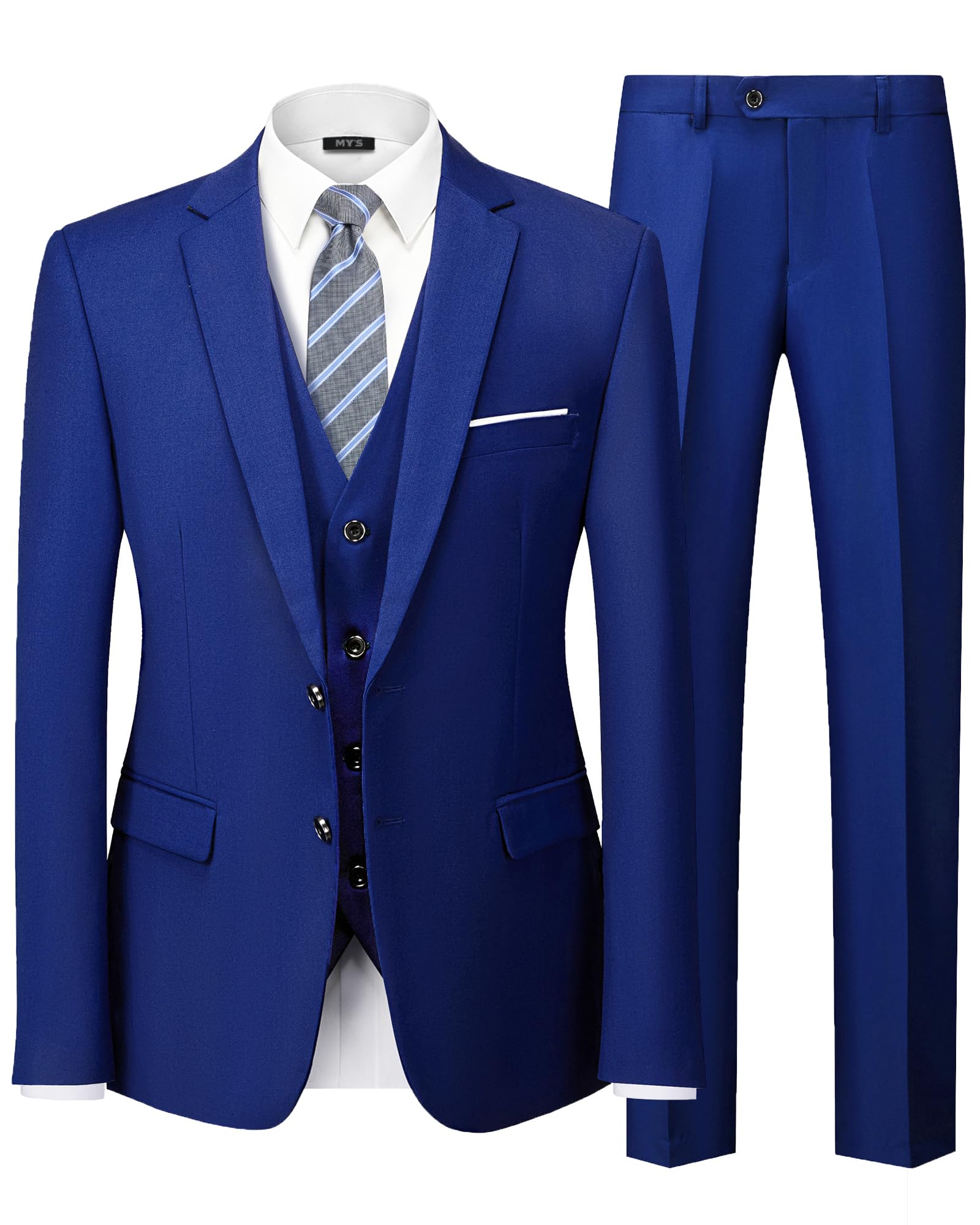 MY'S Men's 3 Piece Slim Fit Suit Set, 2 Button Blazer Jacket Vest Pants with Tie, Solid Wedding Dress Tux and Trousers