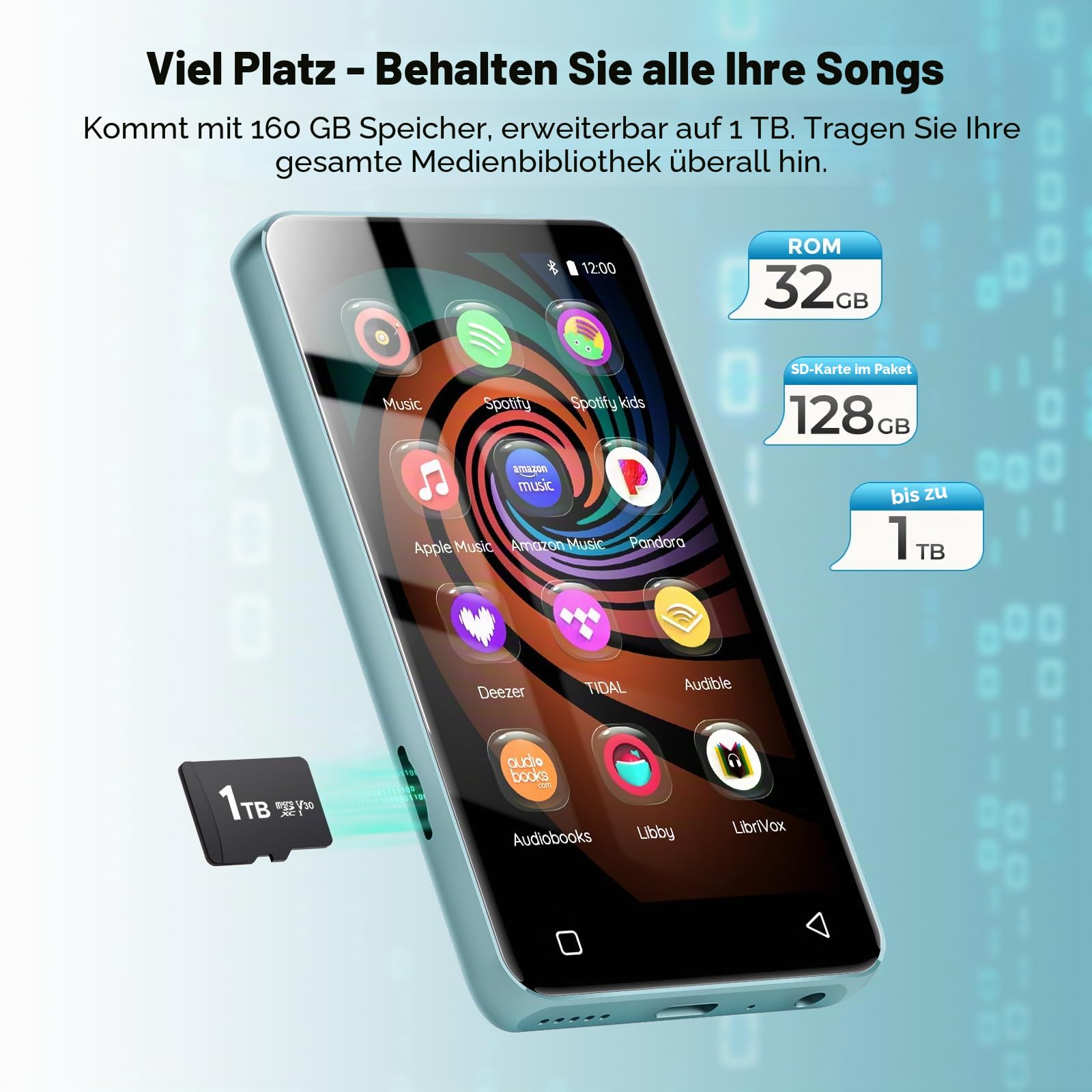 160GB MP3 Player mit Bluetooth und WiFi, innioasis Musik Player mit Spotify, Amazon Music, 4" Touchscreen Android MP4 MP3 Player für Kinder, Audible, Spotify Kinder Hellblau-Weiß