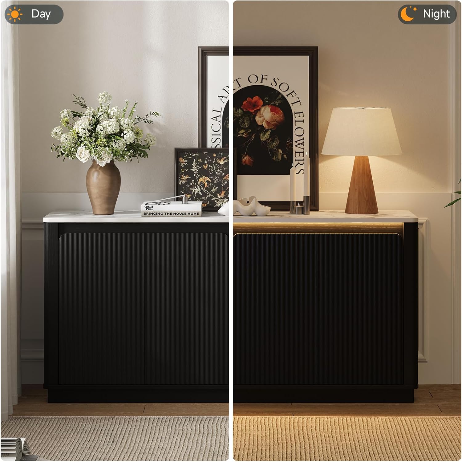 ONBRILL 61" Fluted Buffet Cabinet with Faux Marble Top and LED Light, Curved Sideboard Cabinet with Storage, Coffee Bar with 4 Doors and 2 Adjustable Shelves for Living Room, Kitchen, Entryway (Black)