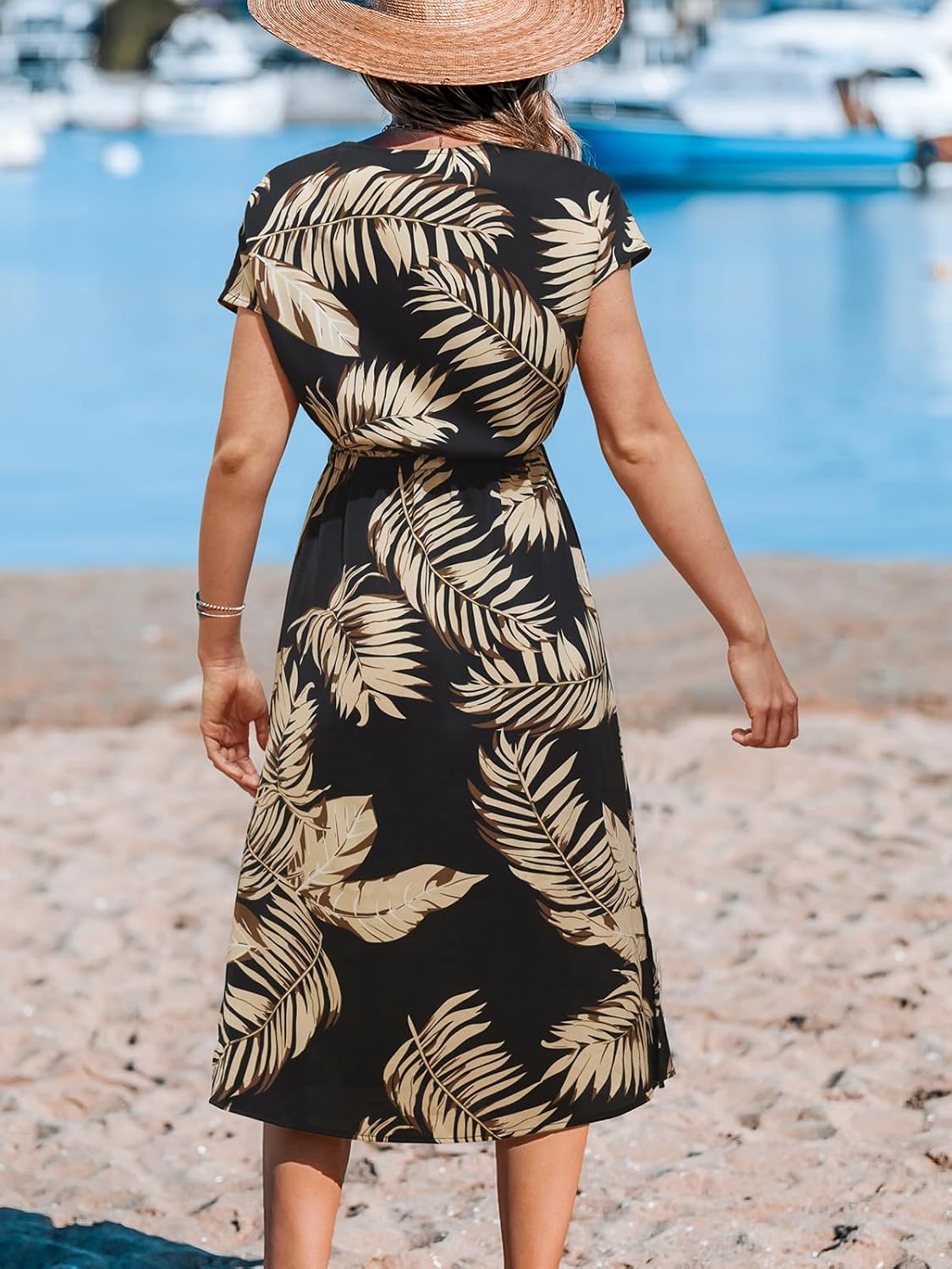 CUPSHE Women Swimsuit Cover Up Midi V Neck Short Sleeve Tropical Beach Coverup Dress