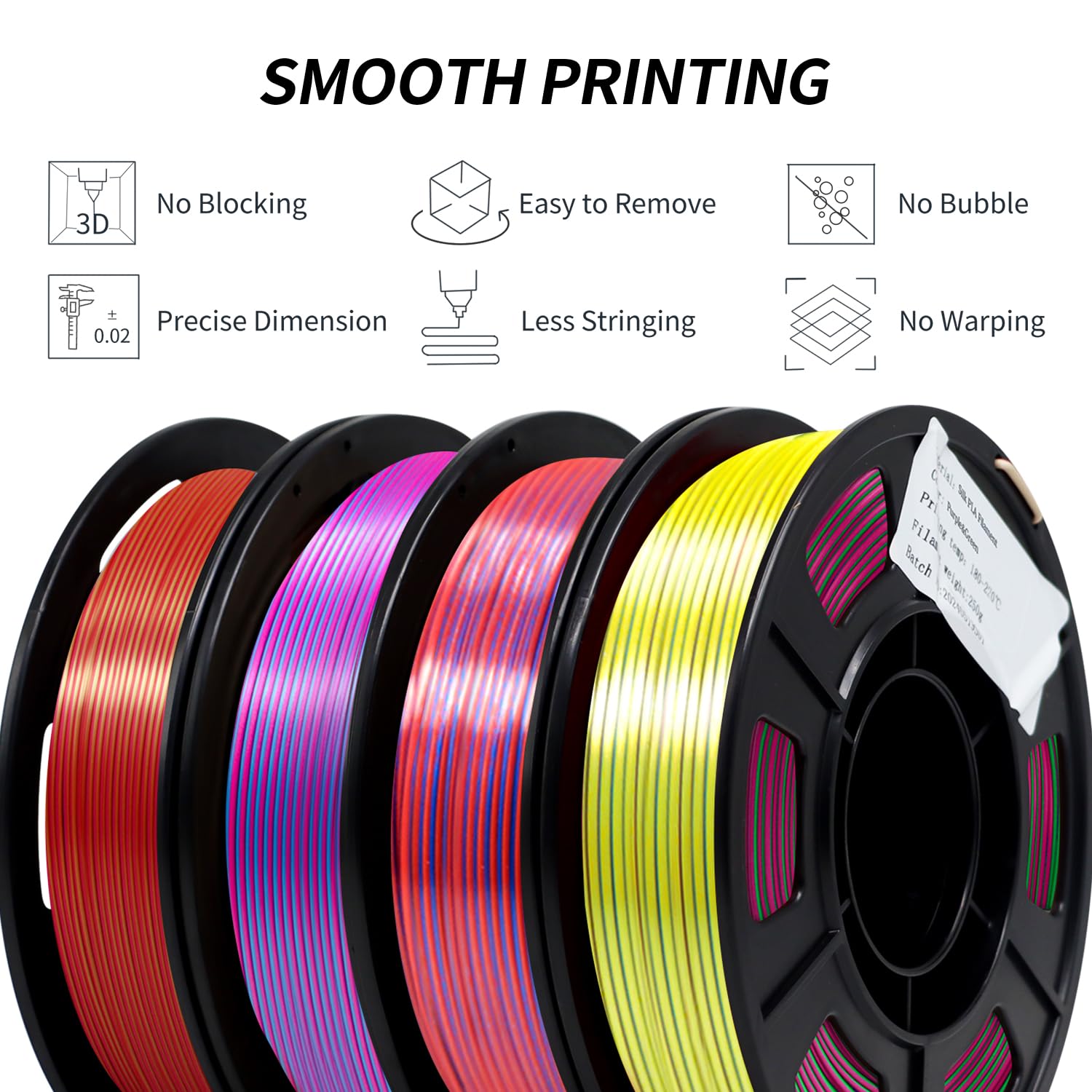 YOUSU Trójkolorowy filament PLA 1,75 mm, jedwabny filament do drukarki 3D, 4 x 250 g, wielokolorowy zestaw szpul (4 sztuki)