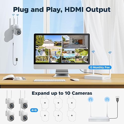 Miniatura 5 de Sistema de cámara de seguridad para el hogar, 4 cámaras inalámbricas PTZ con detección automática de humanos y mascotasvehículos, NVR 4K de 10