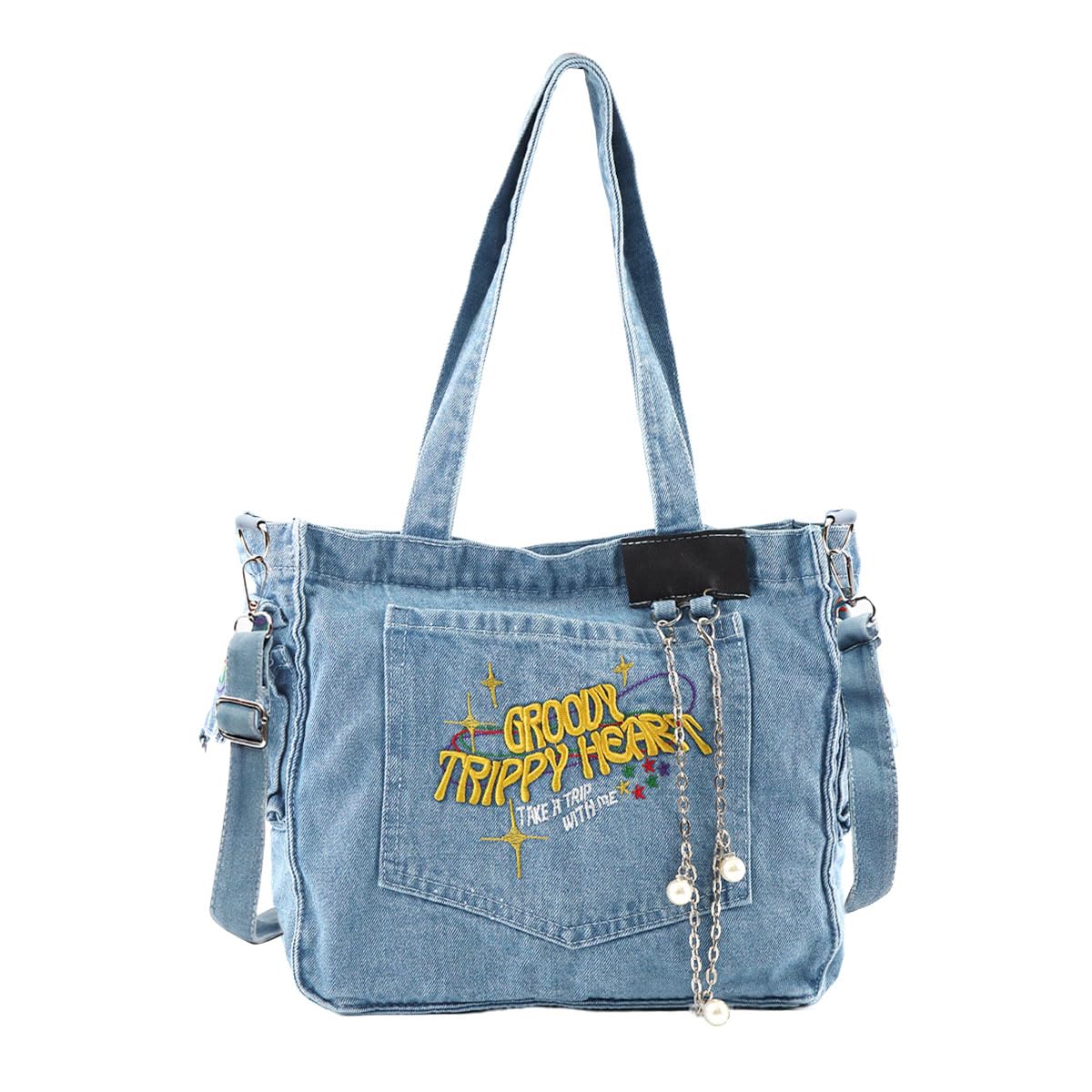 Chic Cloth Bag for Girls Women Casual Shoulder Crossbody Tote Bags 2 in 1 Varible Hand Bag Fashion Letter Embroidery Denim Cloth Book Bags for Daily, School