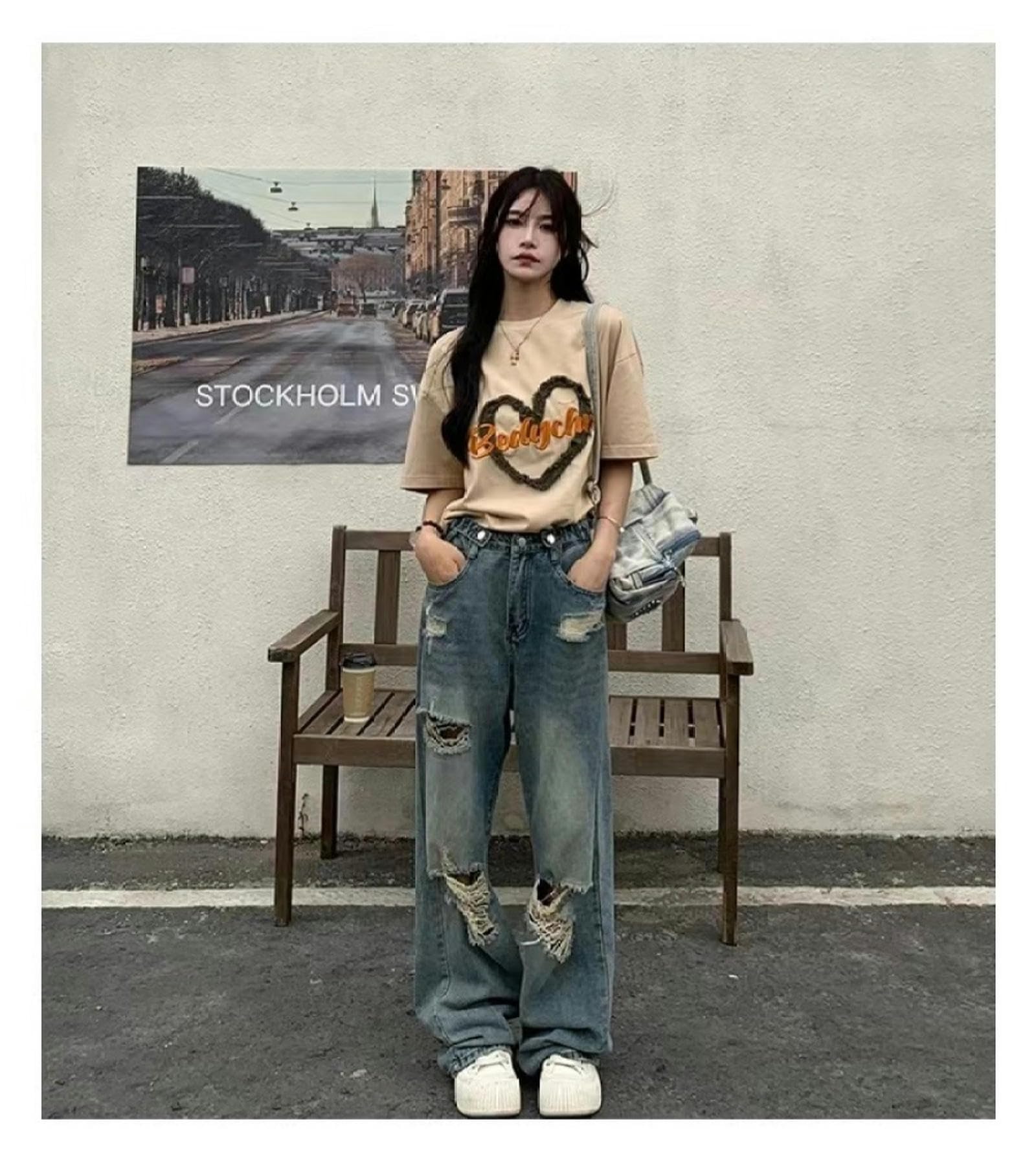 Amerikanischen Retro Vibe Stile Zerrissene Jeans Frauen Herbst Hohe Taille Gerade Lose High Street Breite Bein Demin Hosen Y2K Streetwear