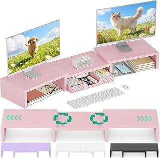 OPNICE Desk Organizers and Accessories, Dual Computer Monitor Stand Riser with Drawer, Office Decor for Women, Office Desk Accessories & Workspace Organizers, Pink