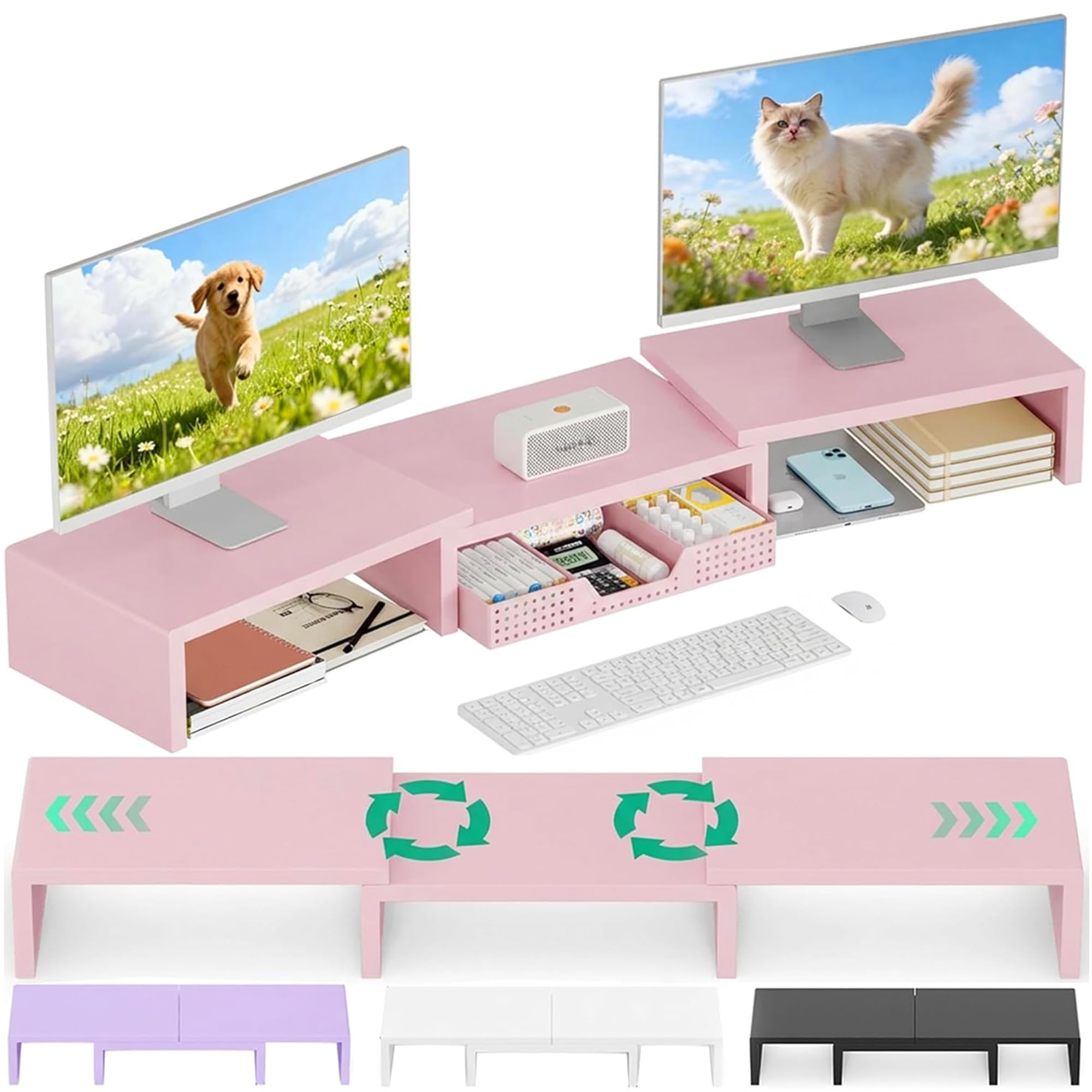 OPNICE Desk Organizers and Accessories Dual Computer Monitor Stand Riser with Drawer Office Decor for Women Office Desk