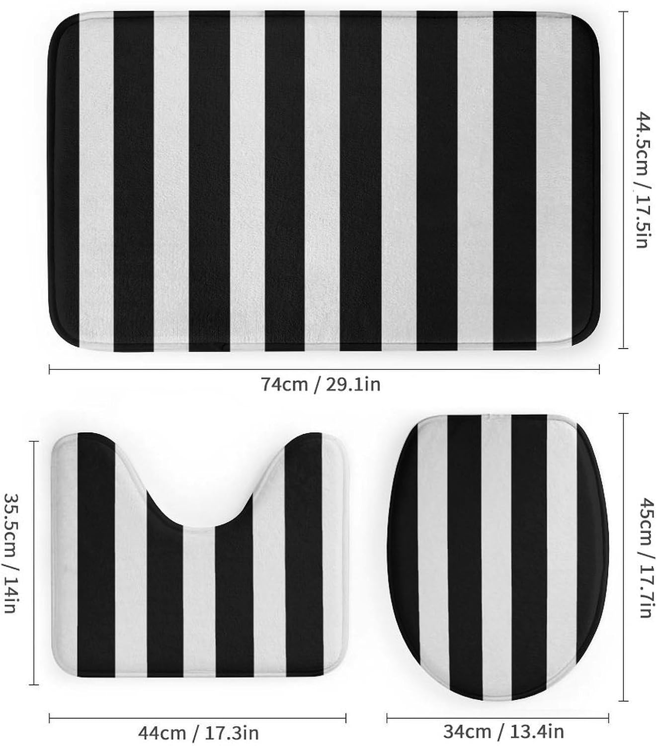 4 Piece Bathroom Rug Set with Shower Curtain, Non-Slip Bath Mat Toilet Cover Set, Black & White Stripe Bathroom Rug Sets