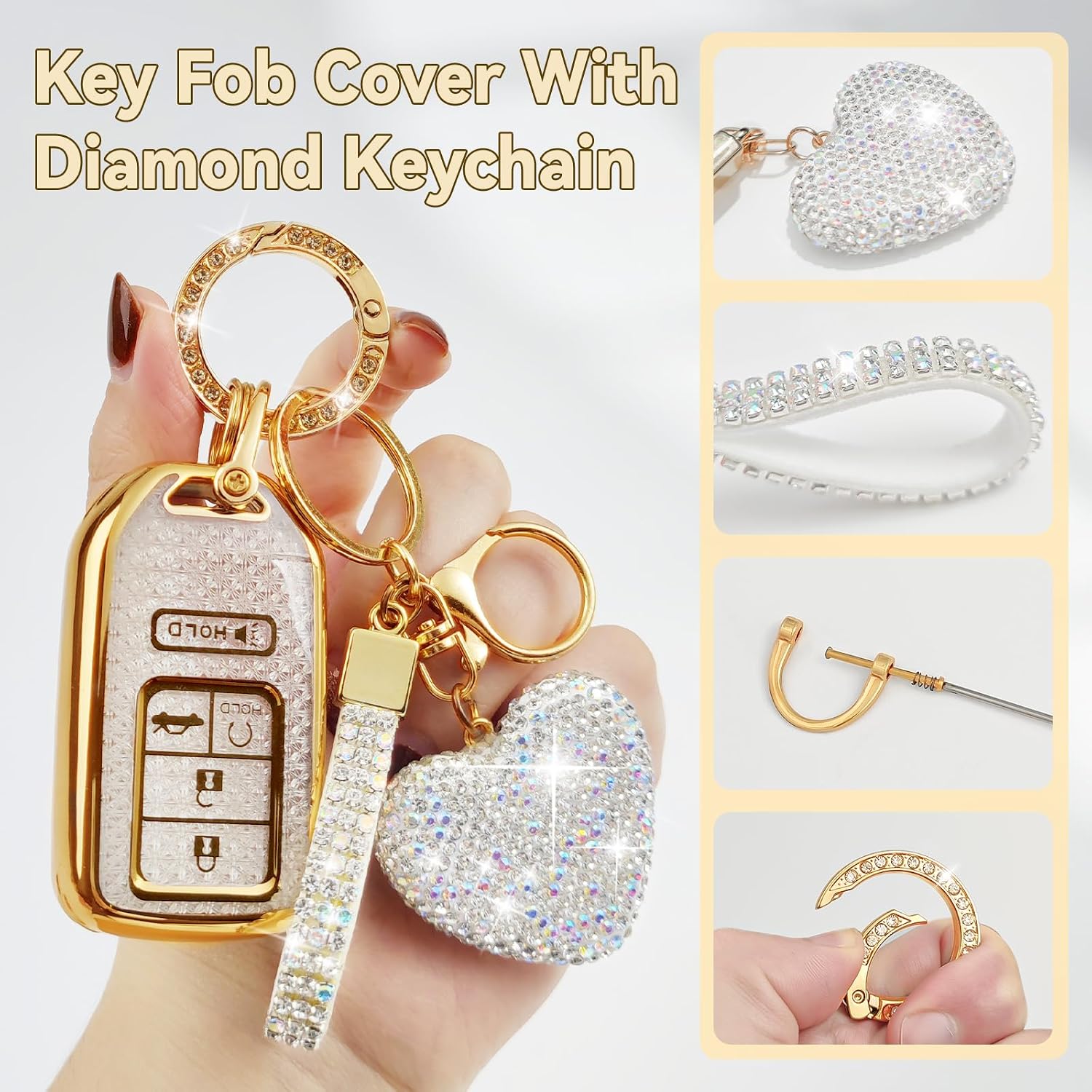 Key Fob Cover with Diamond Bling Keychain for Women, Car Key Holder Compatible with Honda 2016 2017 2018 2019 2020 2021 etc, TPU Key Case and Elegant Heart Key Chain (White, 1PCS) image 3