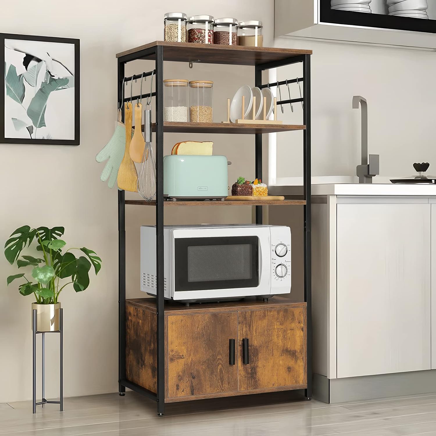 Iwell Kitchen Baker's Rack, Microwave Stand, Coffee Bar with Storage Cabinet& 8 S-Hooks, 4 Tier Free Standing Stand for Dining Room, Living Room, Vintage Brown