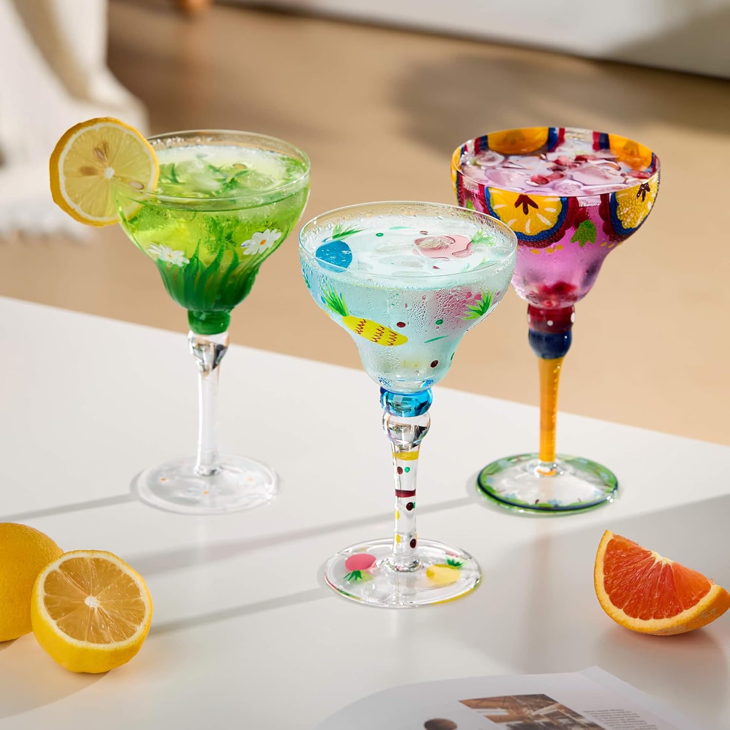 Unbreakable - Margarita Glasses Set of 3-12 oz Hand Painted Colorful Glass Cups – Hand Blown Cocktail Drinkware for Home and Restaurant – Artistic Margarita Glass Set for Frozen Drinks
