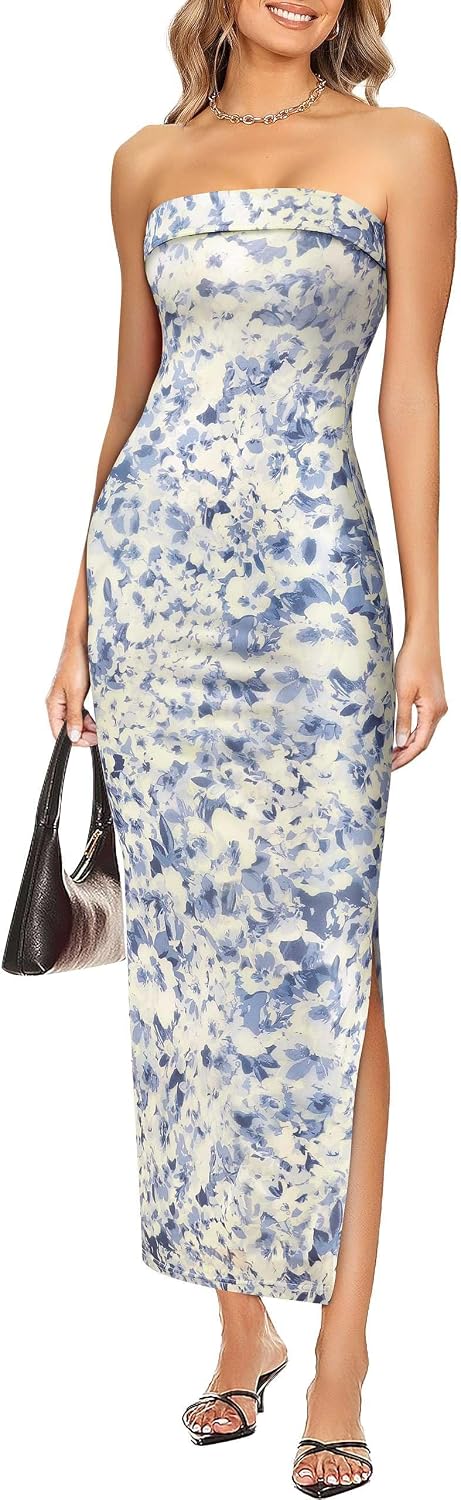 VFSHOW Womens Sexy Strapless Semi Formal Tube Bodycon Maxi Dress 2026 Summer Side Slit Wedding Guest Cocktail Party Dresses