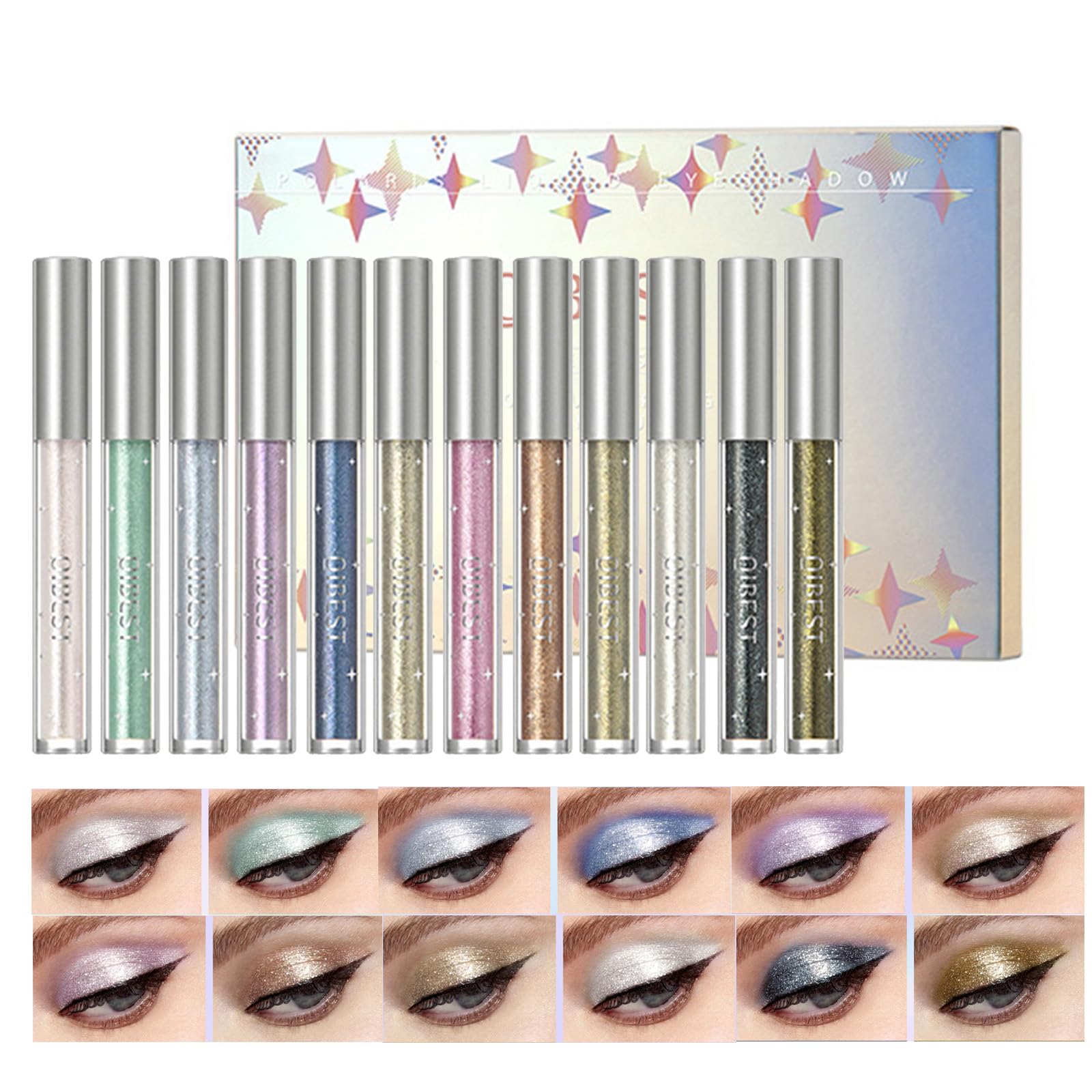 RoseFlowe Juego de sombras de ojos líquidas de 12 colores, sombra de ojos con brillo de diamante metálico, kits de maquillaje de ojos de sombra de ojos brillantes a prueba de agua de larga duración