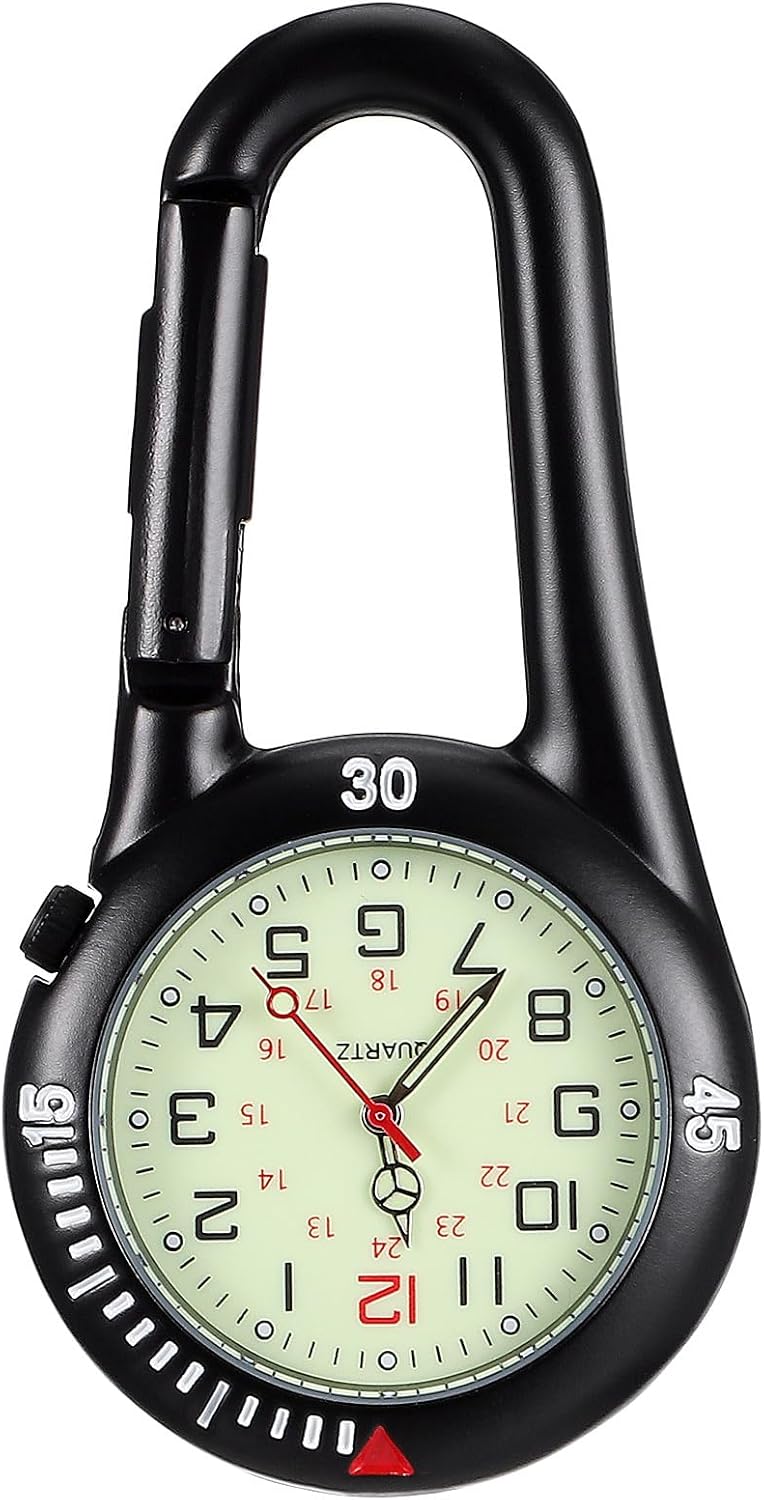 Clip-on Light Alloy Unisex Backpack Buckle Belt fob Watch Black with White dial Ideal for Doctors Climbing (Black)