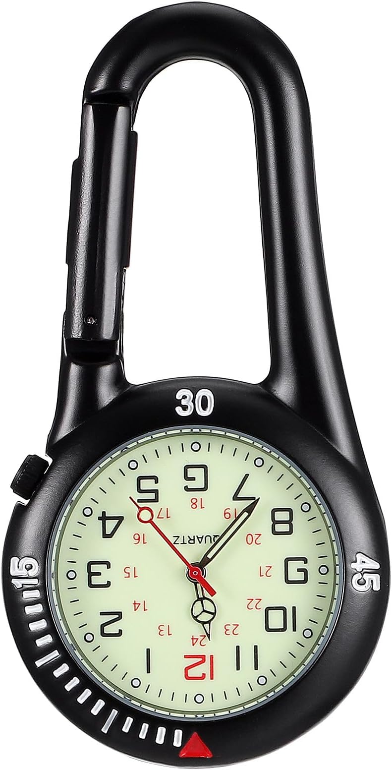 Clip-on Light Alloy Unisex Backpack Buckle Belt fob Watch Black with White dial Ideal for Doctors Climbing (Black)