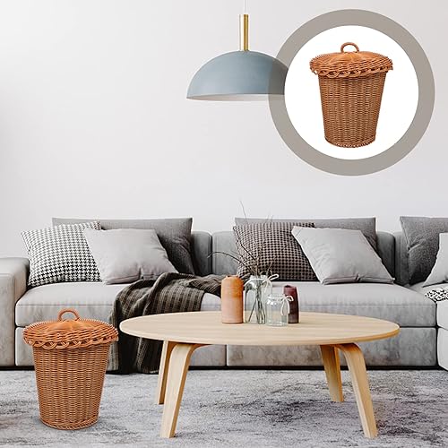 Miniatura 2 de Zerodeko Bote de basura de mimbre de ratán con tapa, cesta de almacenamiento tejida, cesta de basura de mimbre, pequeños botes de basura, cesta de