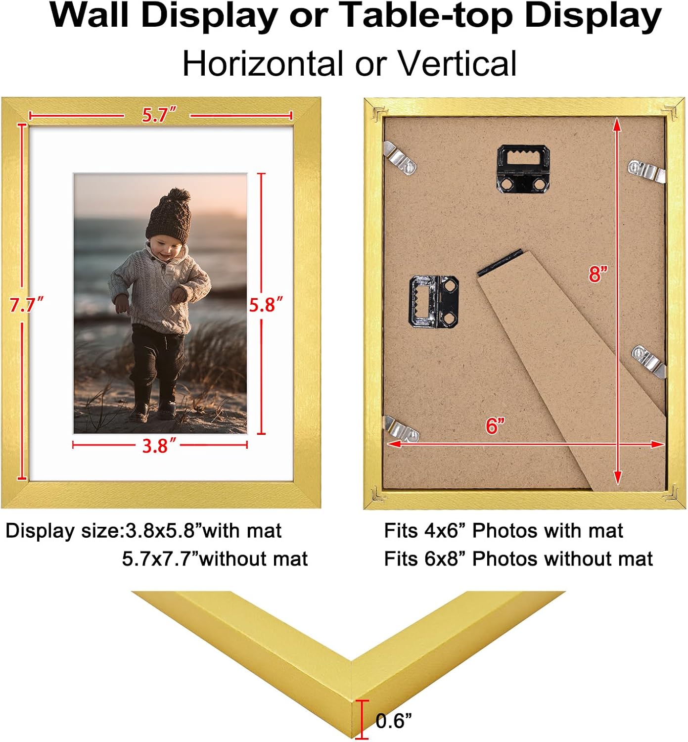 KINLINK 6x8 Picture Frame Gold Set of 4, Wooden Photo Frames Matted 4x6 with Plexiglass for 4x6 with Mat or 6x8 without Mat for Table and Wall Display