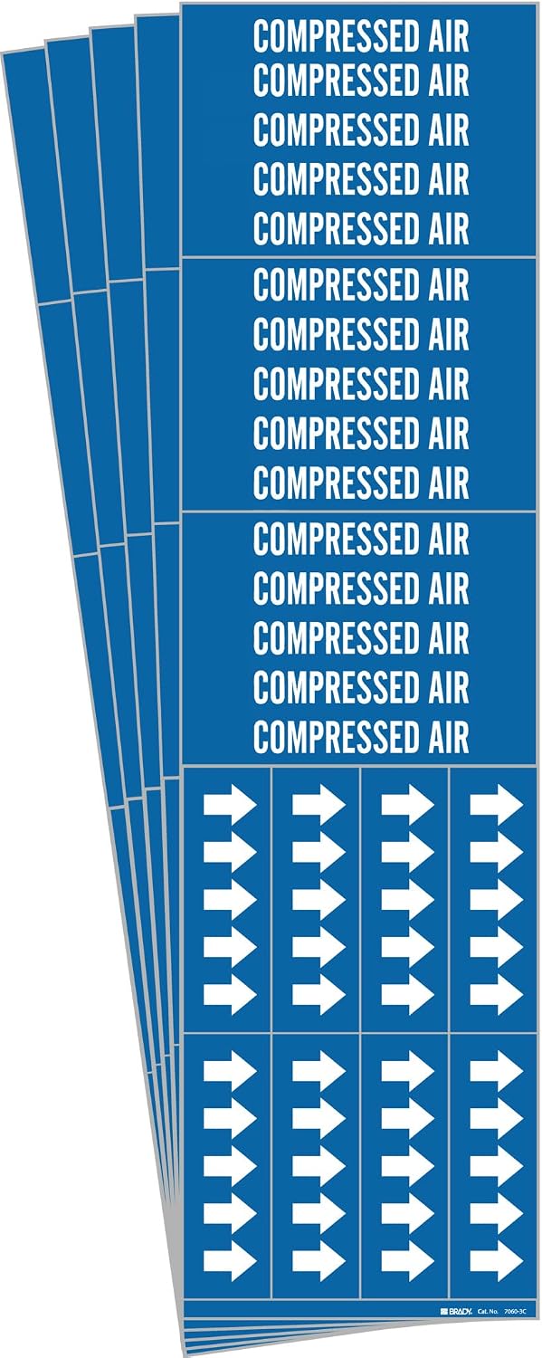 Brady 7060-3C-PK, Compressed AIR Pipe Marker Arrows Vinyl White on Blue 3 per Card, 5 PK, Legend 'Compressed AIR'