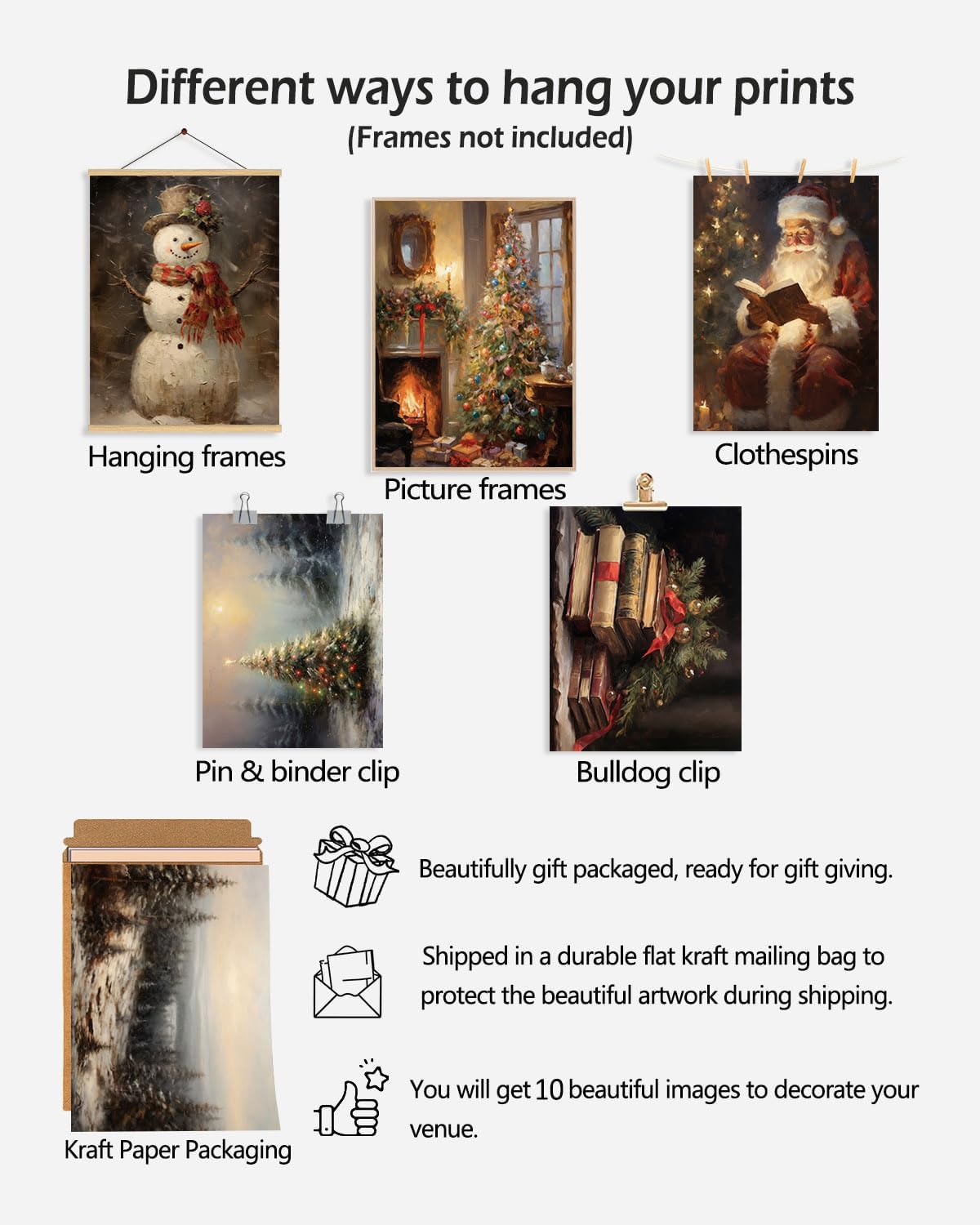 KBKBART Christmas Wall Art Prints Set of 10 Rustic Xmas Wall Decor Unframed image 3