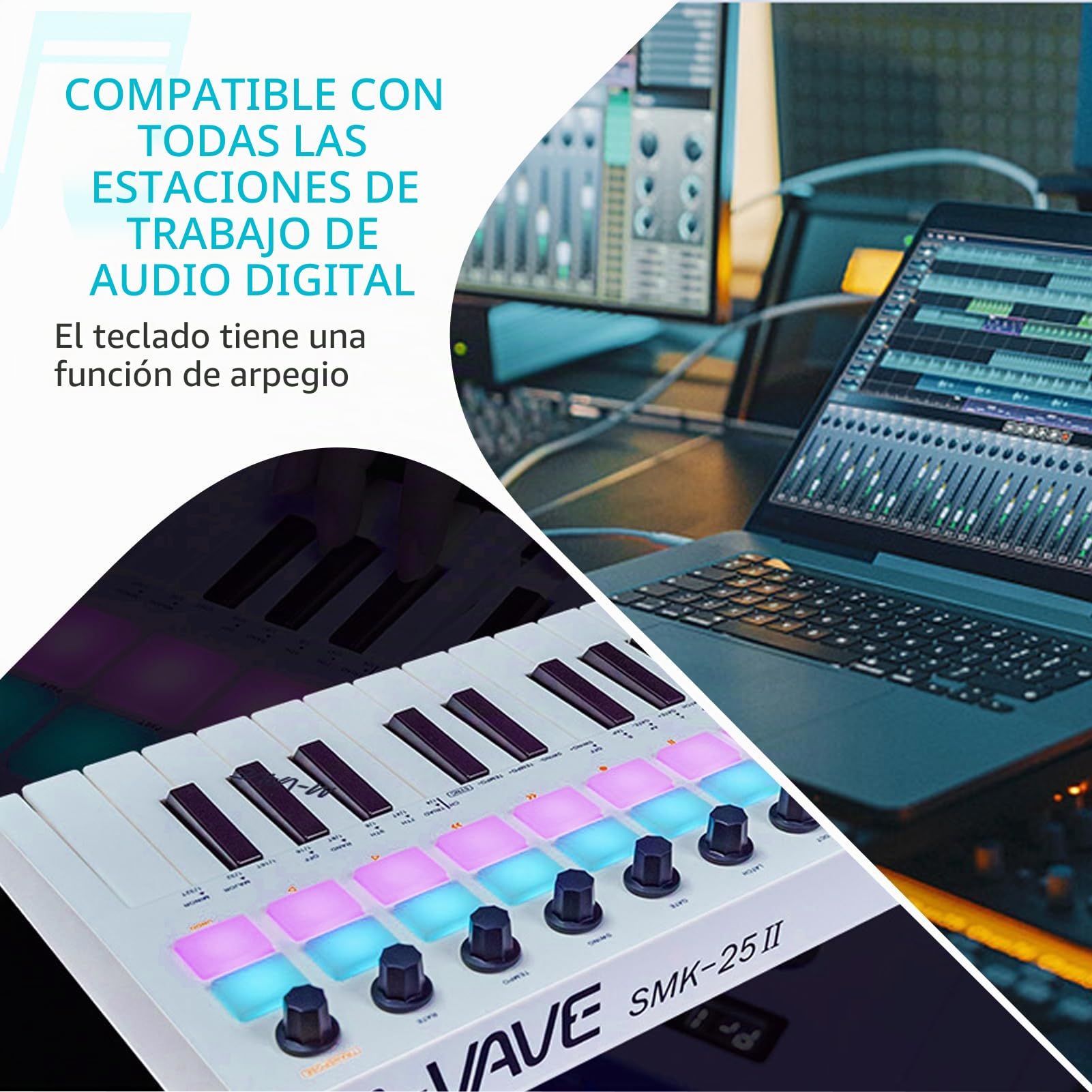 Nikou M-VAVE Upgrade USB Mini Teclado Controlador 25 Teclas, Batería Recargable, Arranger Keyboard Portátil, Almohadillas RGB, Batería Integrada (Blanco)