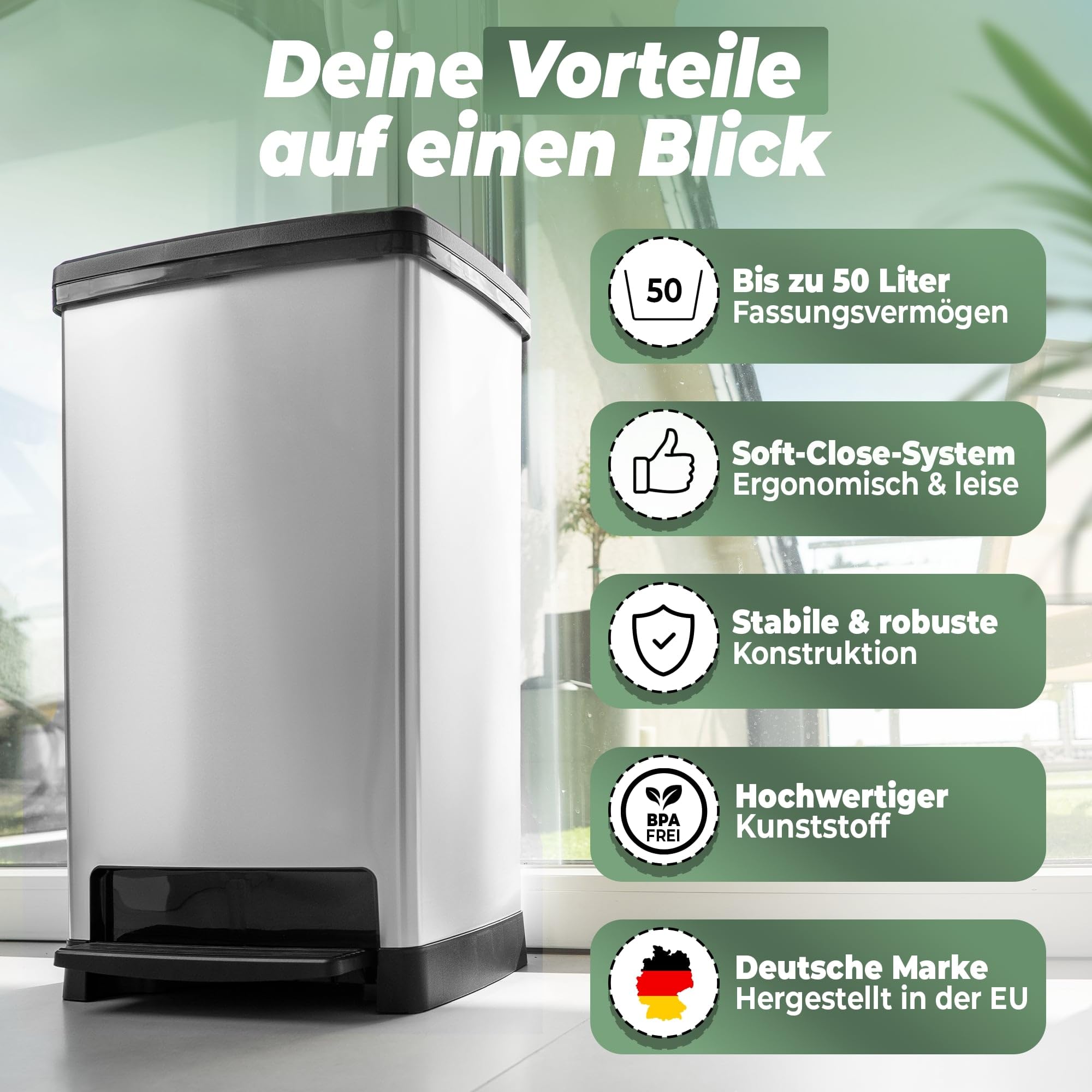 Novaliv Großer Mülleimer mit Deckel - 50L Tretmülleimer mit Soft-Close-System - Stabiler Abfalleimer mit Deckel & Fußpedal - Geruchsdichter Mülleimer Küche u.v.m - Treteimer Müllbehälter