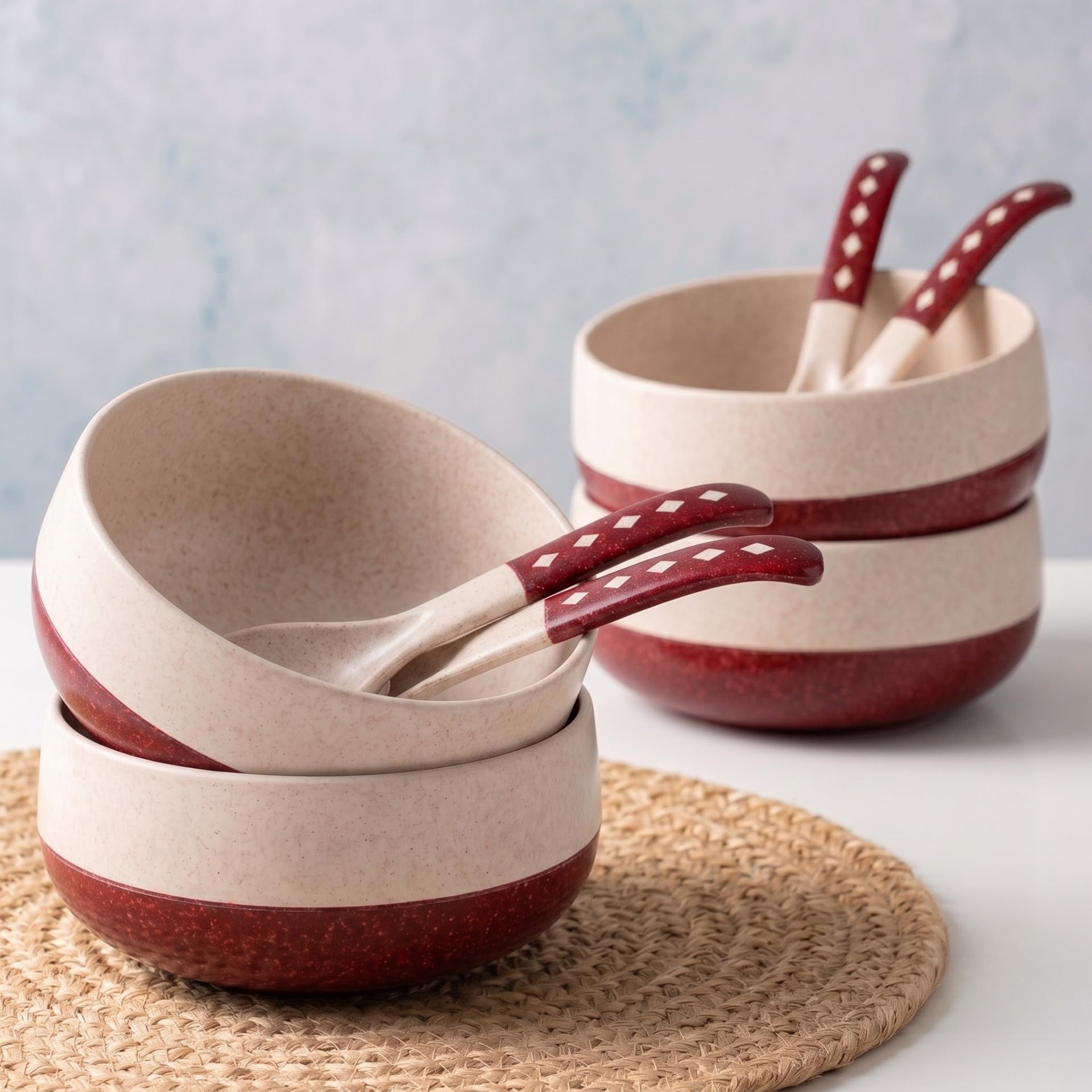 Eha Earth-Friendly Soup Bowls with Spoons | 250 ml | Made with Rice Husk Biocomposite | Microwave Safe Bowls for Kitchen | Serving Bowl Set of 4 | Coral