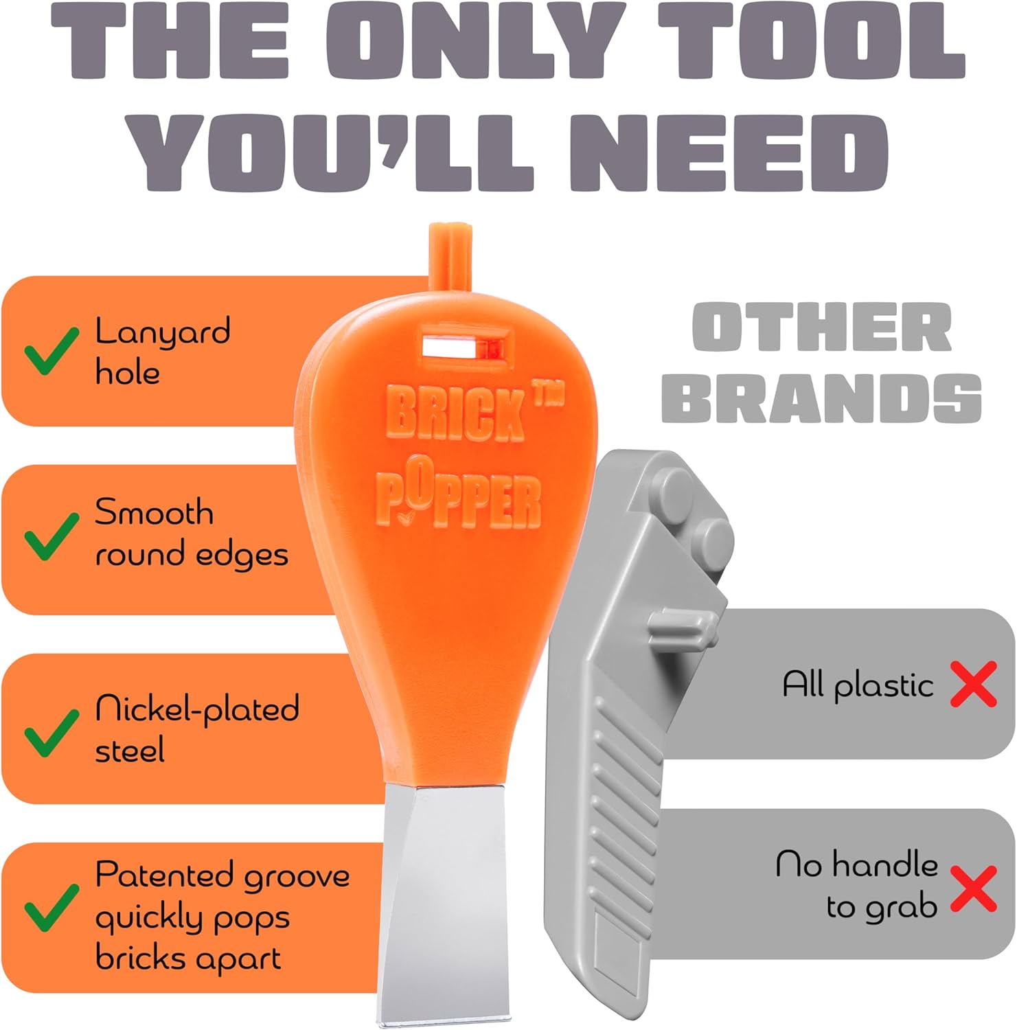 Brick Popper - Separator Tool - World's Fastest Brick Remover for Kids and Adults, Gifts for Ages 6 Year Old and up, Tools Stocking Stuffer (Orange)