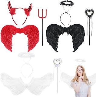 3 Set Angel and Devil Halloween Costumes Set Black Dark and White Wings with Headband Wand Devil Wings with Wand Horn Headband for Halloween Dress up Outfit