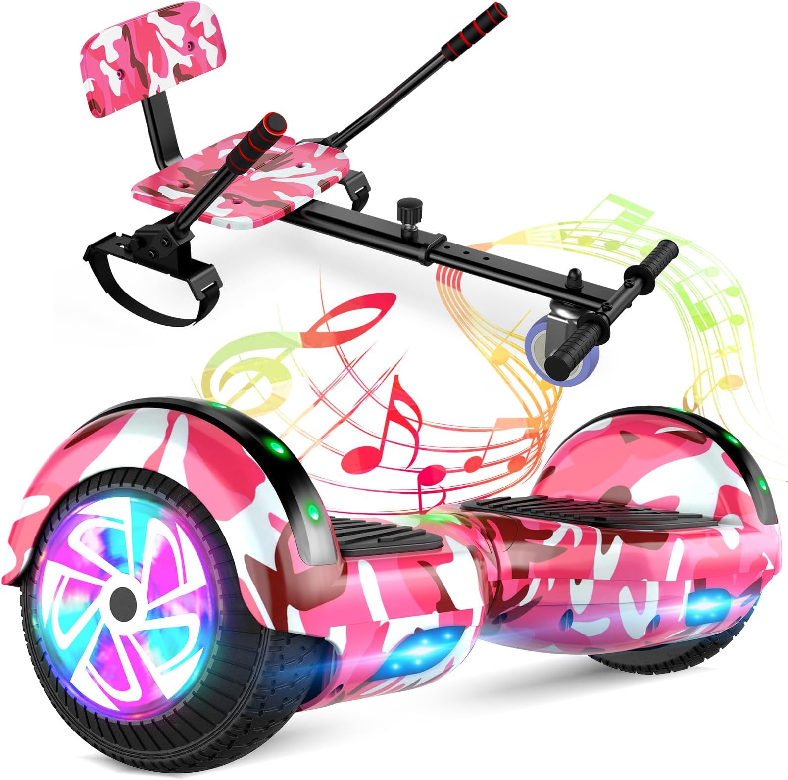 SISIGAD Hoverboard go Kart Seat, 6.5 Inches Hoverboard Hoverkart with LED Lights and Bluetooth Speaker, Hoverboard Go Kart Bundle for Kids Boys Girls
