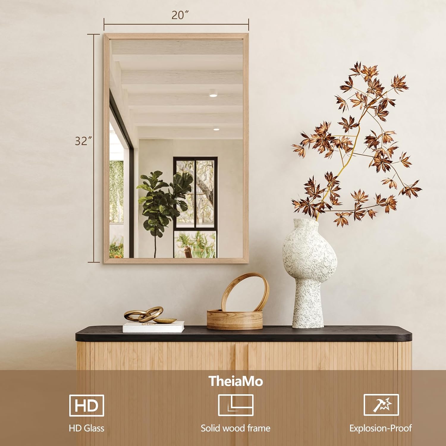 32"x20" Solid Wood Bathroom Mirror, Rustic Wood Frame Wall Mirror for House Decor, Rectangle Farmhouse Bathroom Vanity Mirror Bedroom Living Room Entryway, Explosion-Proof Horizontal/Vertical