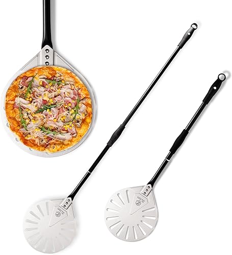 Zlion Pelador giratorio de pizza con hoja de aluminio perforada, fácil de usar con mango ajustable de hasta 47 pulgadas. Agarre de mano móvil,