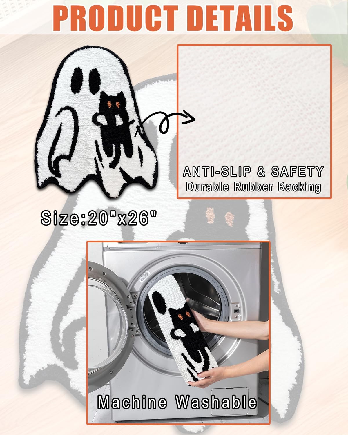 Halloween Ghost Bathroom Rug 20x26 Inch – Cute Ghost Holding Black Cat Bath Mat – Soft Absorbent Spooky Decor for Bathroom & Bedroom (Non-Slip Backing)