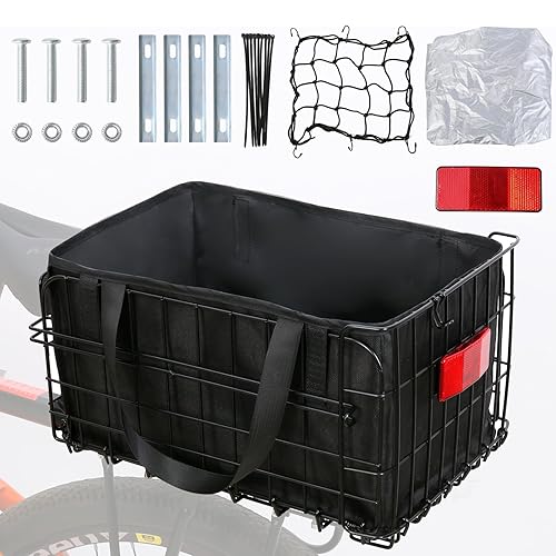 Bike Basket Rear Folding Large Bicycle Rear Basket with Removable Liner Bag and Waterproof Cover Large Capacity Ebike Rear Basket Metal for Adult Women/Men Carrying Dogs Pets Fruit & Grocery