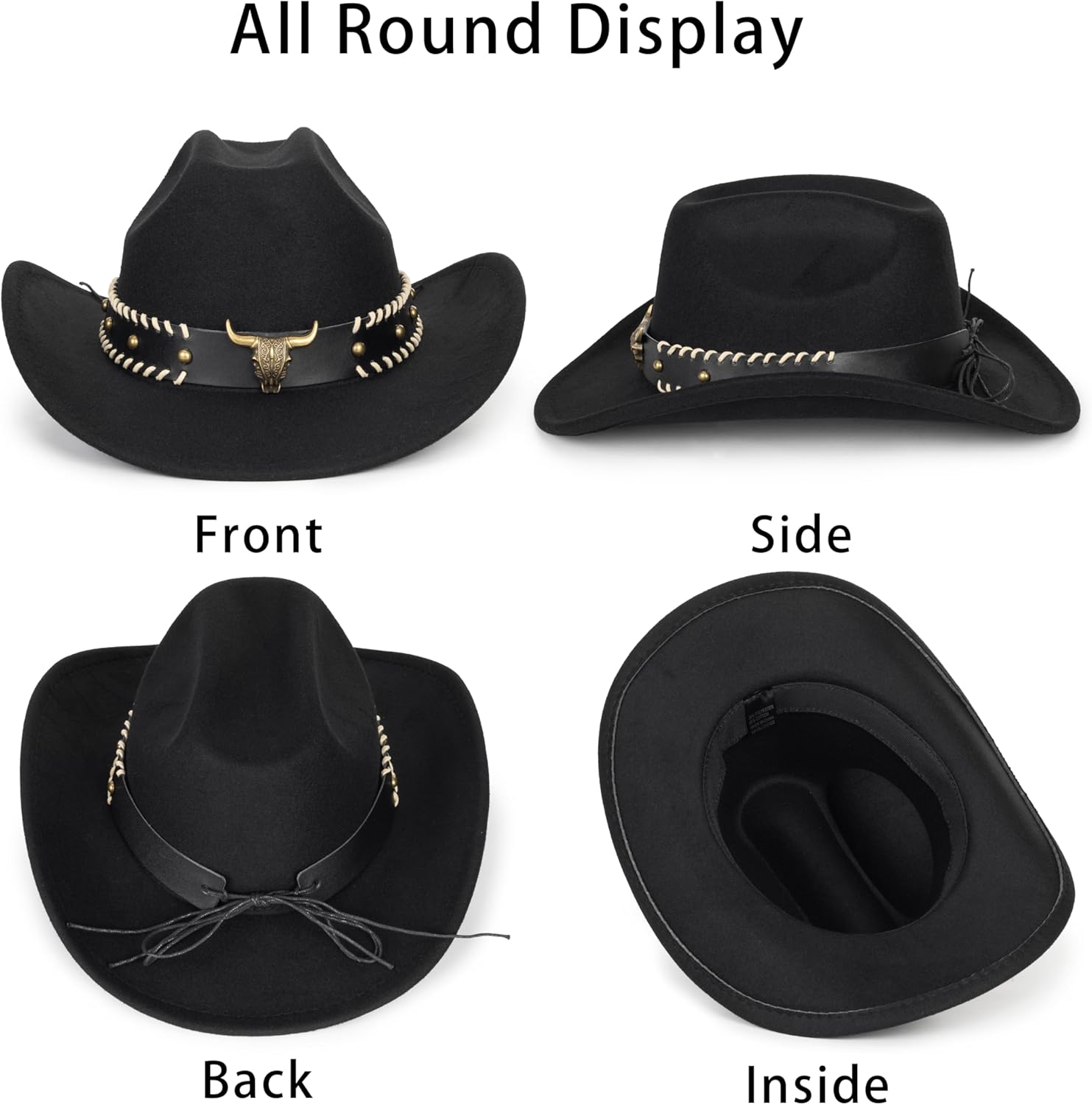 Wide Brim Men and Women's Western Cowboy Hat Fedora-Jazz-Hat with Bull Head Band Decoration - Image 3