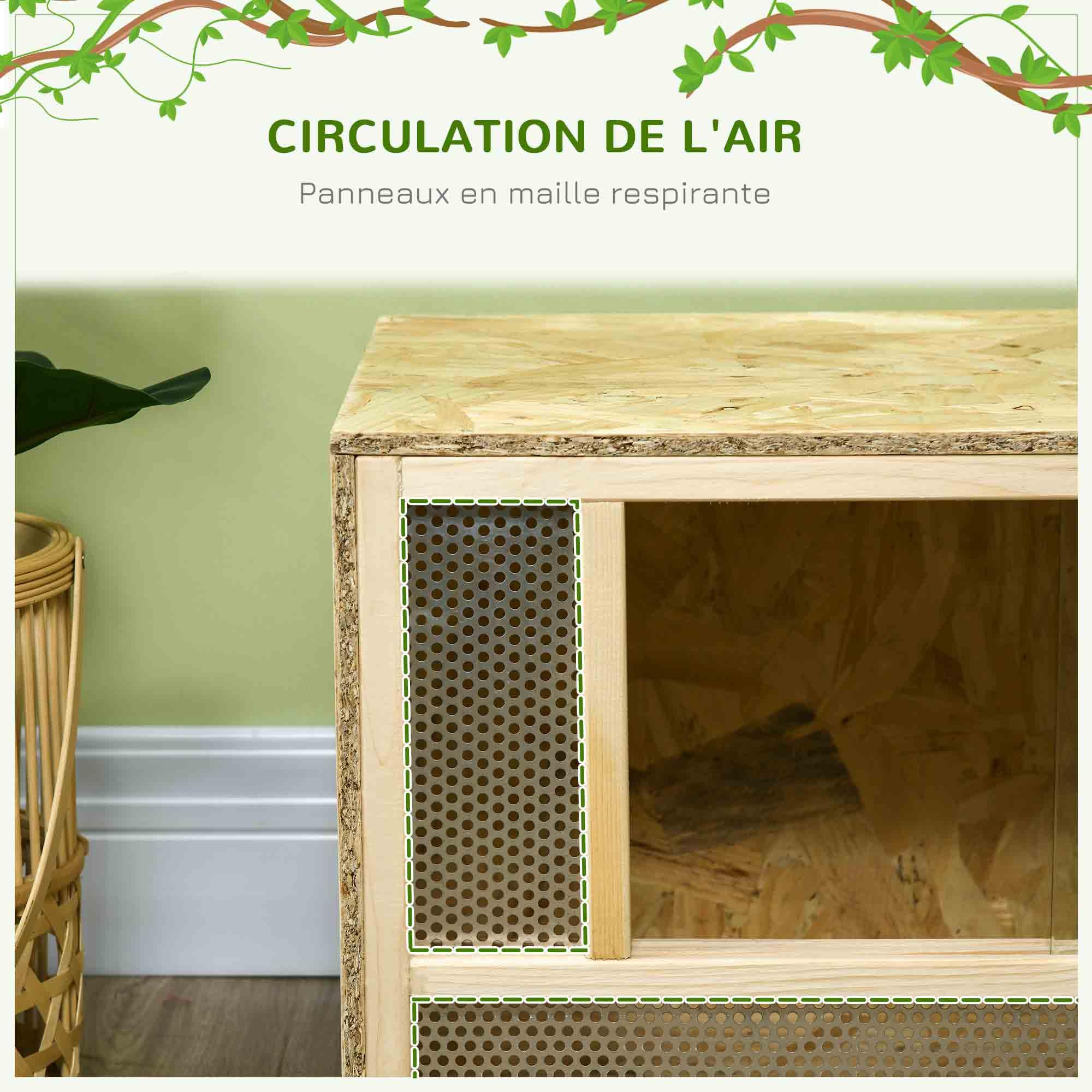 PawHut Terrarium en Bois OSB pour Reptiles et Batraciens avec Porte Coulissante en Verre 80 x 40 x 40 cm Naturel