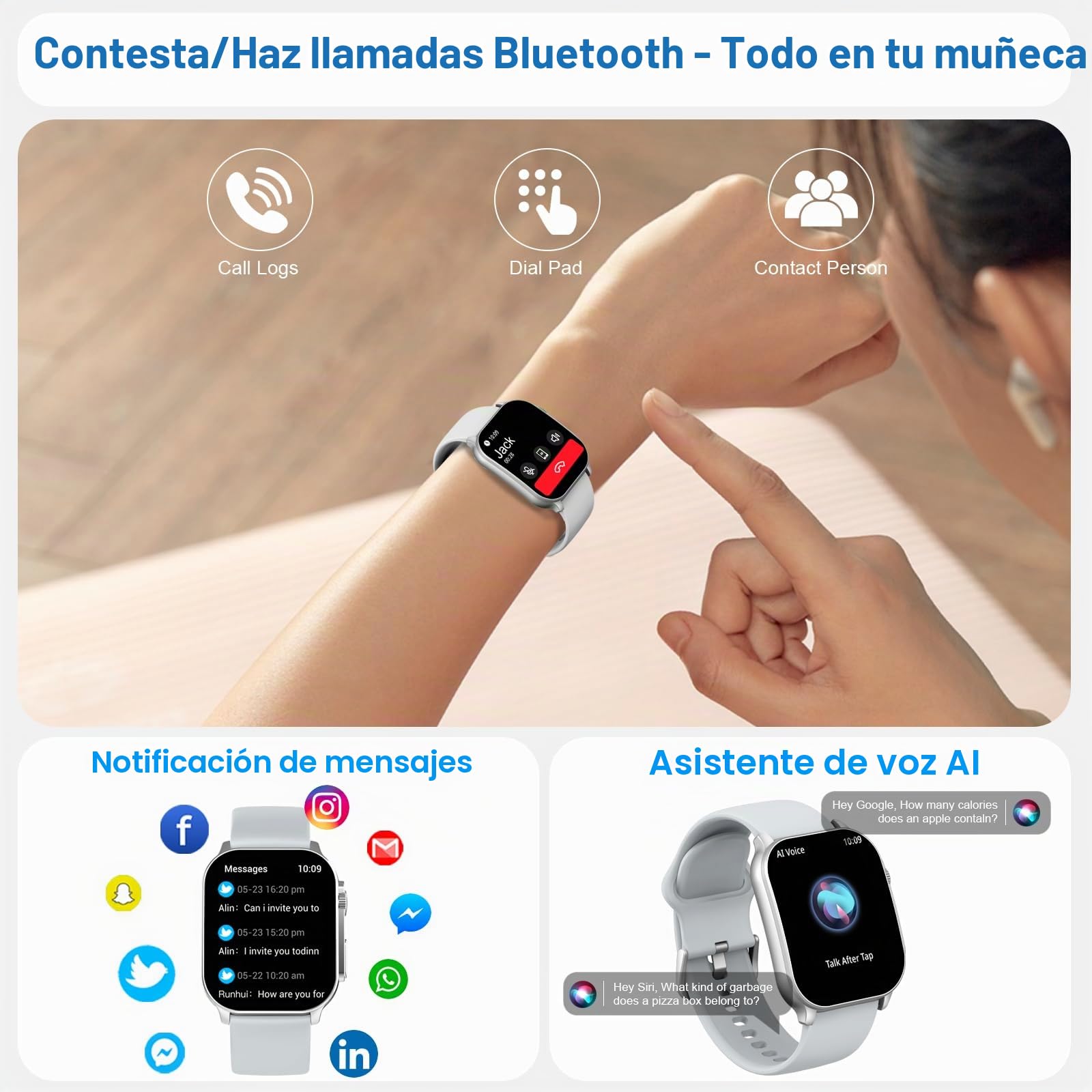 Reloj Inteligente Mujer Hombre, 2.01" HD Smartwatch, Llamadas Bluetooth Smart Watch con Pulsómetro/Monitor de Sueño/Podómetro, 110+ Modos Deportivos, IP68 Pulsera Actividad para Android iOS, Gris