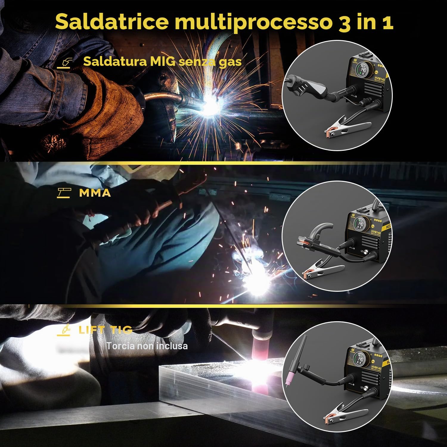 H HZXVOGEN Saldatrice A Filo No Gas 140A 230V 3 in 1 Inverter Filo Animato MIG/MMA/Lift TIG Mini Multiprocesso Portatile Elettrodo Saldatrice HVM140