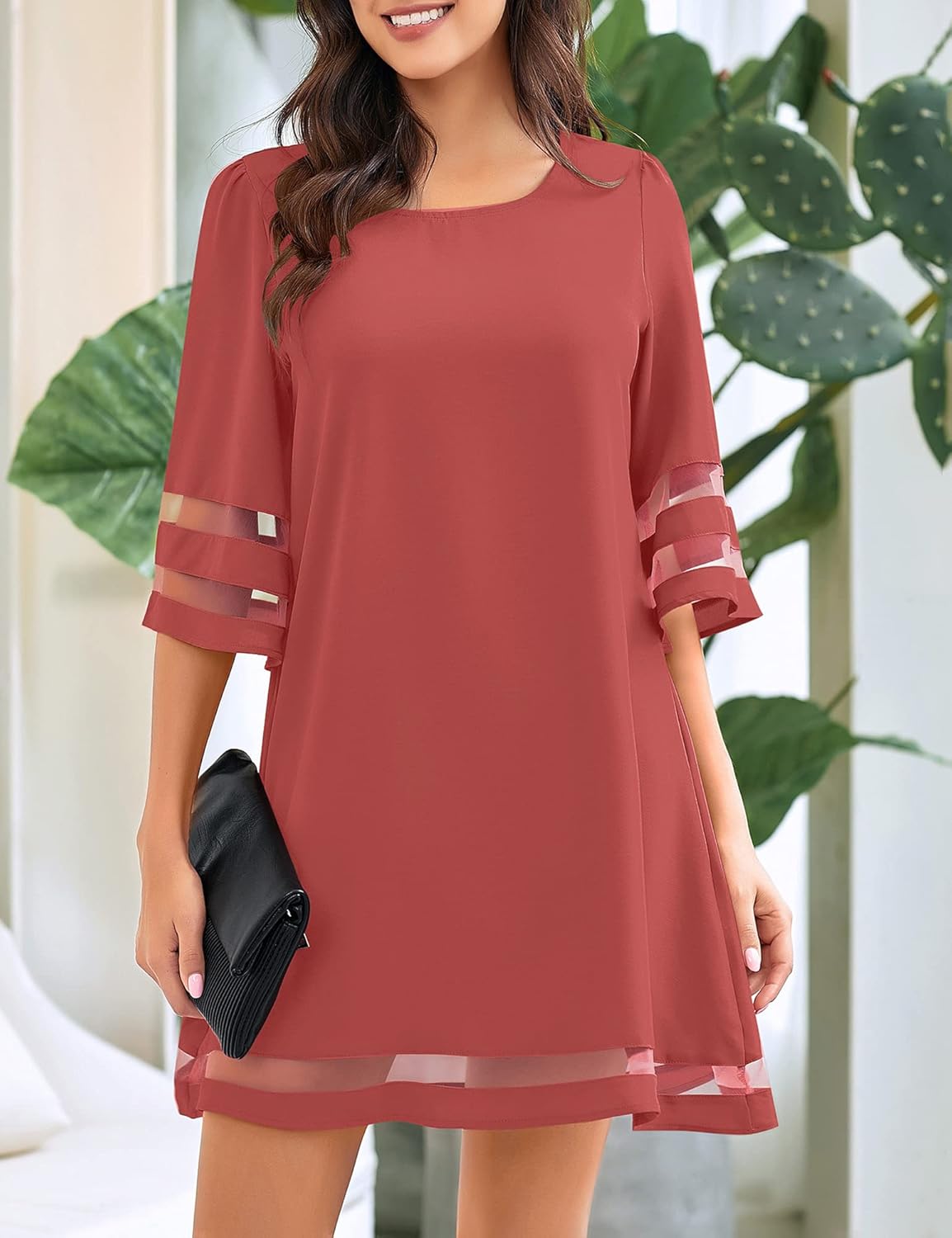 LookbookStore Women Casual Crewneck Mesh Panel 3/4 Bell Sleeve Loose Tunic Dress - Image 6