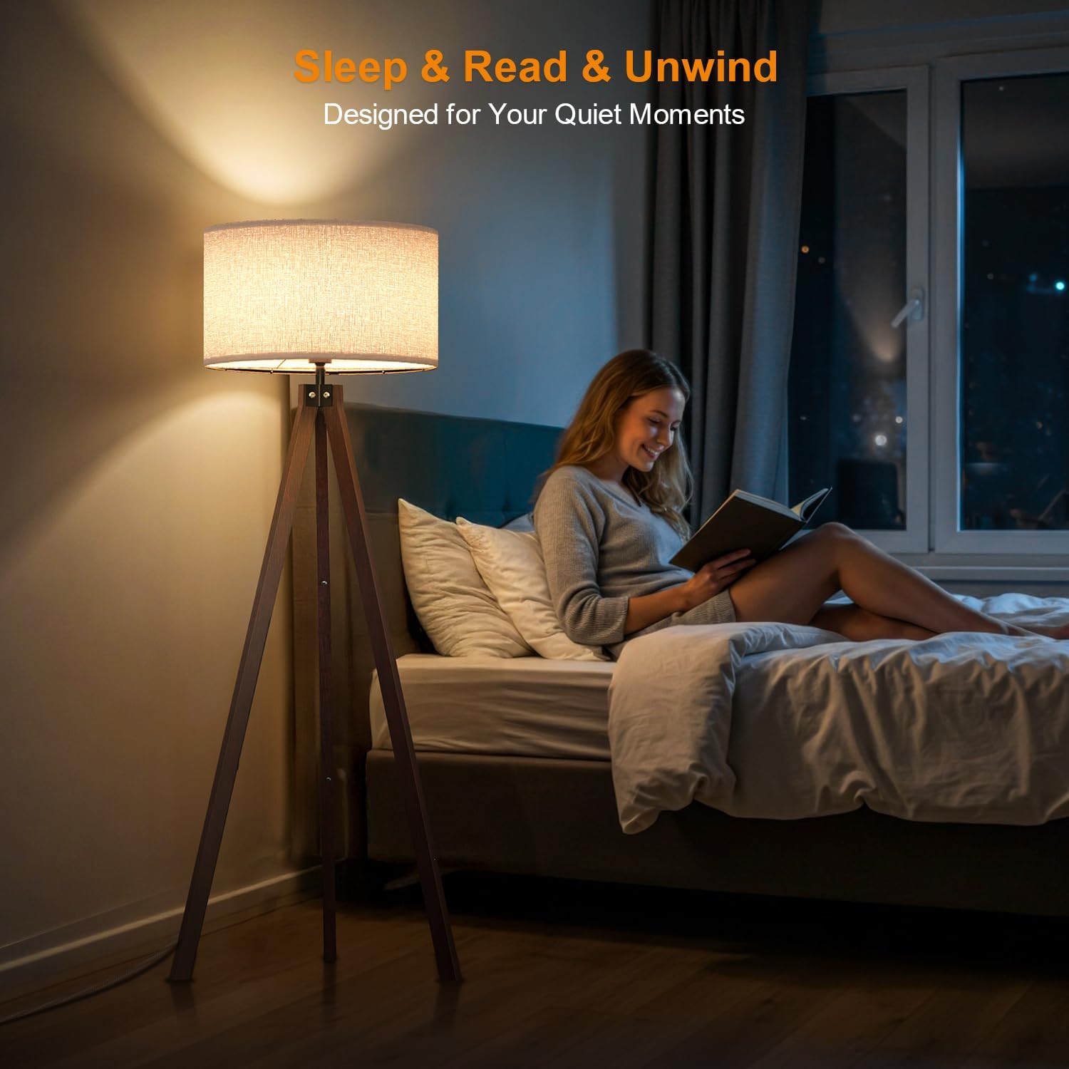 lepower wood tripod floor lamp assembled in bedroom with E26 bulb