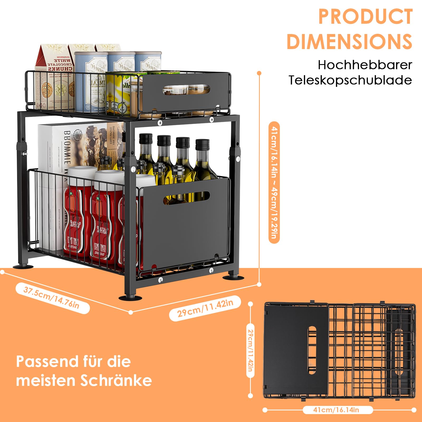 Dreamhigh® Küchenschrank Organizer Ausziehbar, Unterschrank Organizer mit Doppelschicht Teleskopschublade, Base Cabinet Organiser Küche Ausziehbar Höhenverstellbar, für Spüle & Bad (Schwarz)