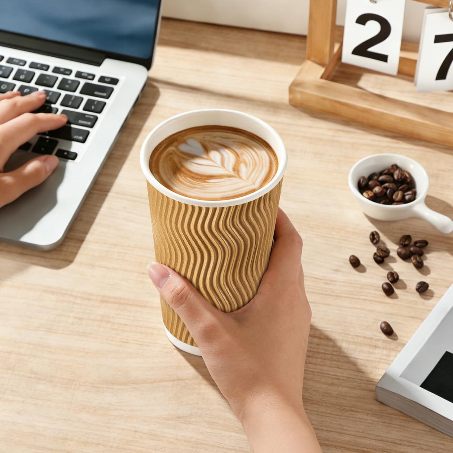Lamosi 500 Pack Disposable Coffee Cups with Lids, 16 oz Insulated Hot Cups To Go Paper Coffee Cups with Lids and Straws, Corrugated Ripple Wall Cup for Hot Drink, Office, Coffee Bar (Champagne)