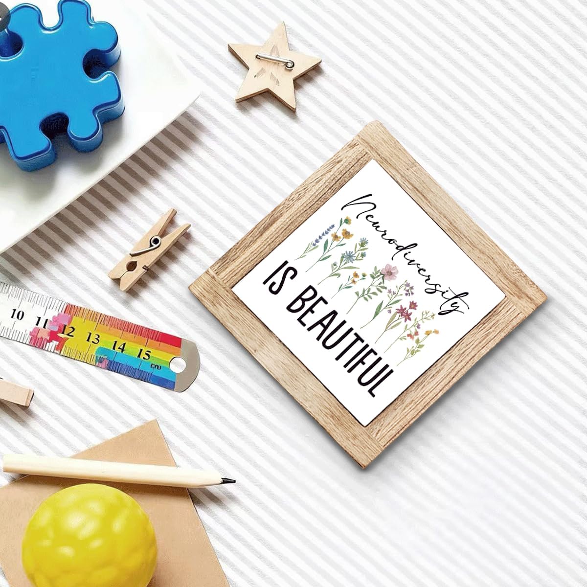 Autism Wood Sign Neurodiversity Is Beautiful Autism Acceptance Awareness Sign Rustic Square Home Decor For Wall Table Desk Living Room ASD Awareness Plaque Neurodiversity Support Gift 5.9x5.9 Inch - Image 4